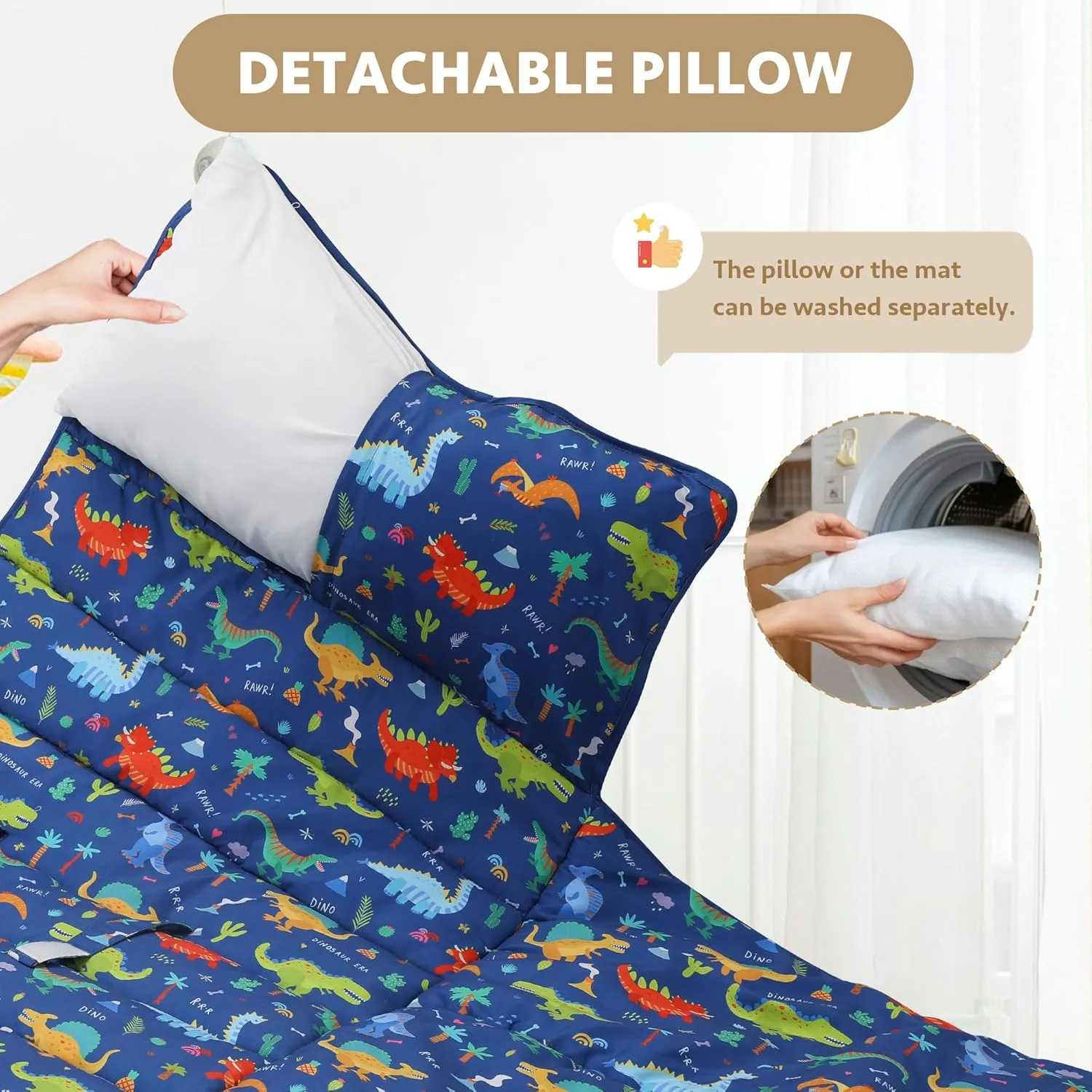 Toddler Nap Mat with Detachable Pillow & Blanket - Soft Plush Minky Fleece Kids Sleeping Bag for Daycare, Preschool & Travel - Portable Roll-Up Design with Carry Handle - Boys Girls Ages 3 