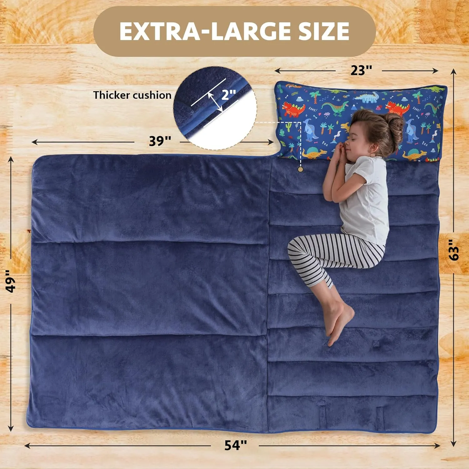 Toddler Nap Mat with Detachable Pillow & Blanket - Soft Plush Minky Fleece Kids Sleeping Bag for Daycare, Preschool & Travel - Portable Roll-Up Design with Carry Handle - Boys Girls Ages 3 
