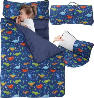 Toddler Nap Mat with Detachable Pillow & Blanket - Soft Plush Minky Fleece Kids Sleeping Bag for Daycare, Preschool & Travel - Portable Roll-Up Design with Carry Handle - Boys Girls Ages 3 