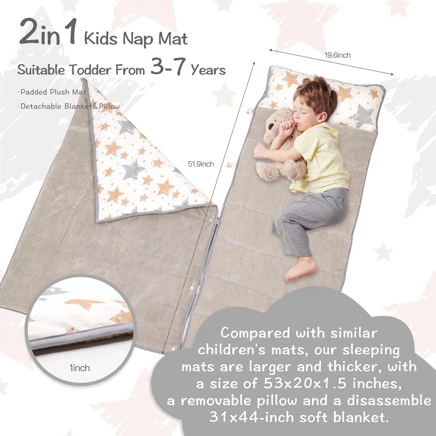 Toddler Nap Mat with Removable Blanket and Pillow, Extra Large Rolled Napping Mats,Toddler Sleeping Bag,Kids Sleeping Bag for Daycare,Nap Mats for Preschool