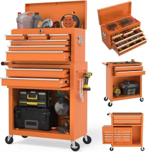 Tool Chest, 8-Drawer Rolling Storage Cabinet with 2 in 1 Detachable Top Tool Box, Lockable Wheels, Side Hooks, Liner, Locking Mechanism, Metal Cart for Garage (Orange)