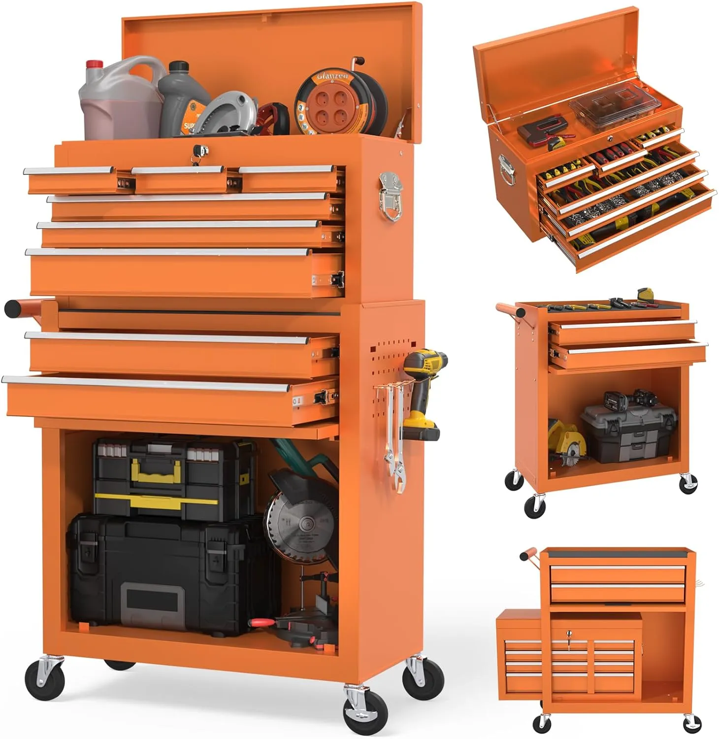 Tool Chest, 8-Drawer Rolling Storage Cabinet with 2 in 1 Detachable Top Tool Box, Lockable Wheels, Side Hooks, Liner, Locking Mechanism, Metal Cart for Garage (Orange)