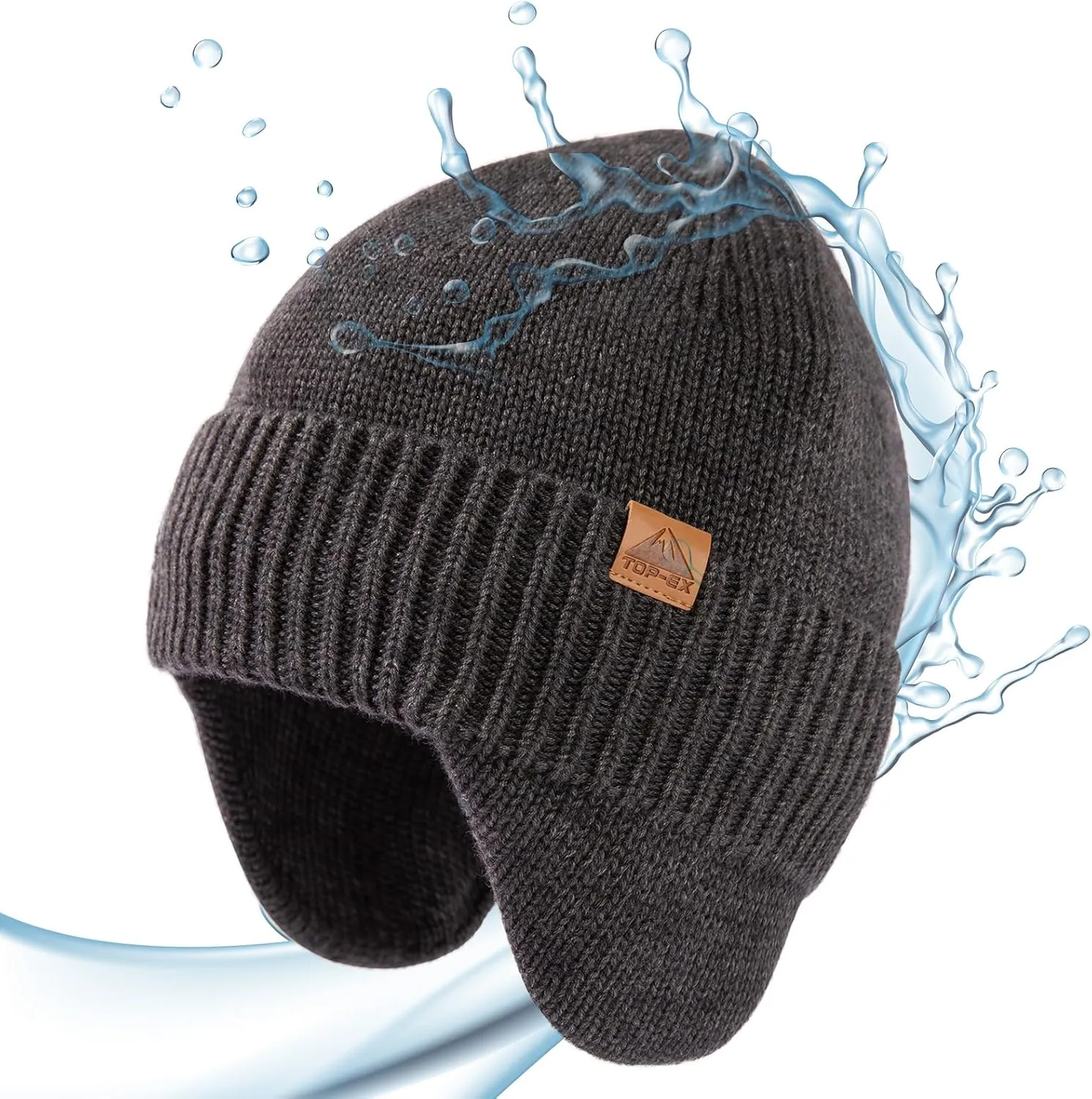 TOP-EX XL/XXL Unisex 80% Merino Wool Waterproof Beanie with Ear Flap Winter Fleece Lined Beanie Hat