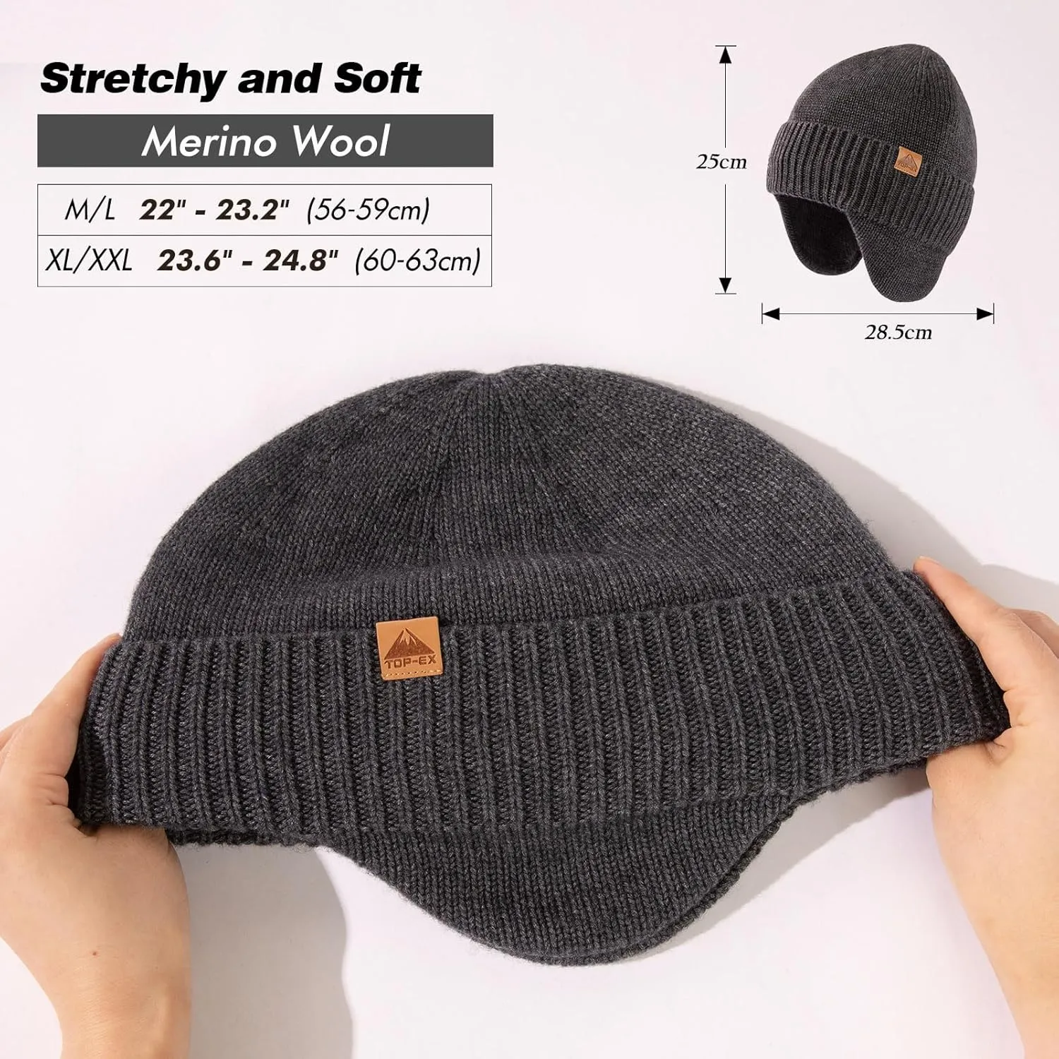 TOP-EX XL/XXL Unisex 80% Merino Wool Waterproof Beanie with Ear Flap Winter Fleece Lined Beanie Hat