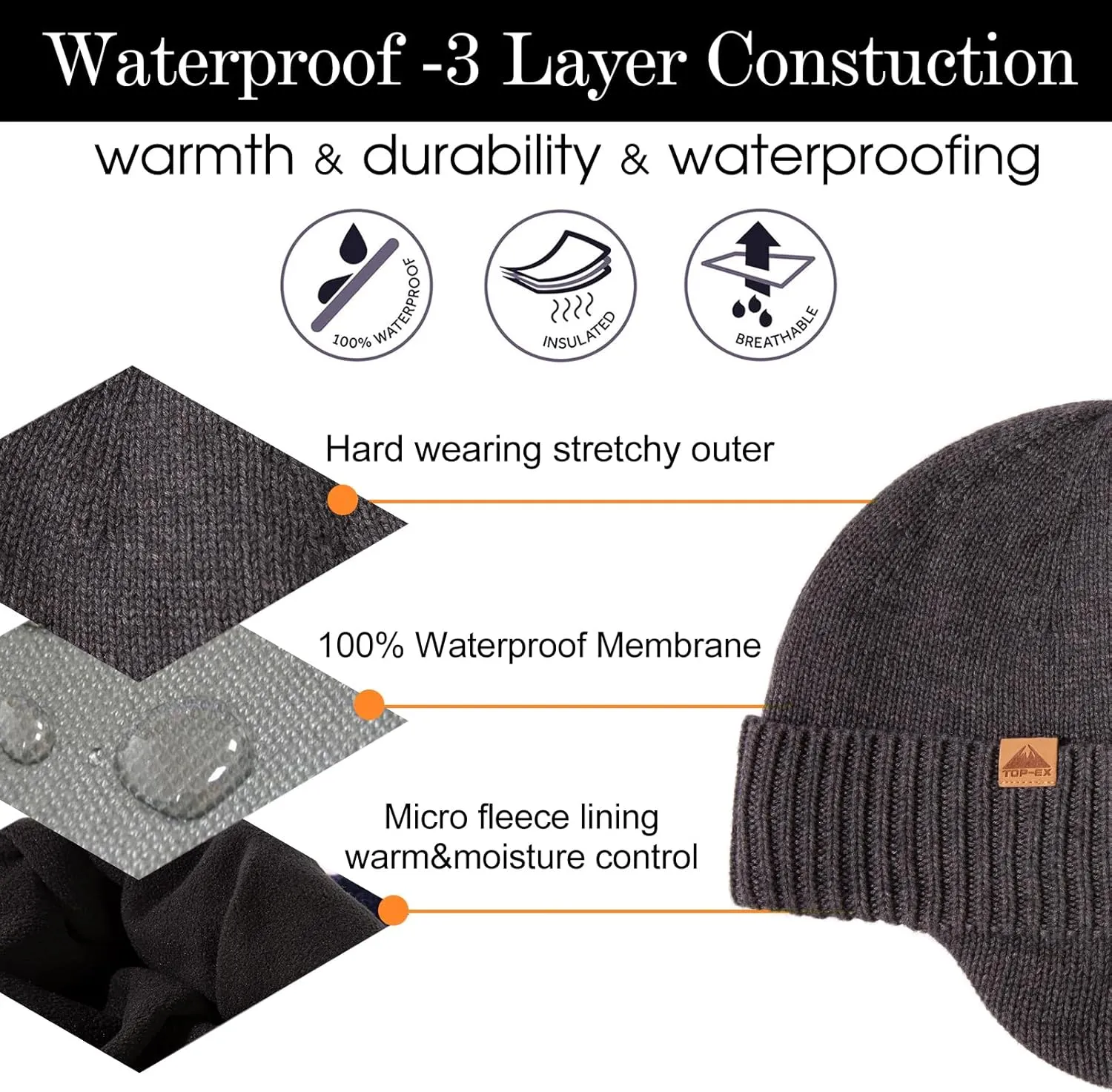 TOP-EX XL/XXL Unisex 80% Merino Wool Waterproof Beanie with Ear Flap Winter Fleece Lined Beanie Hat