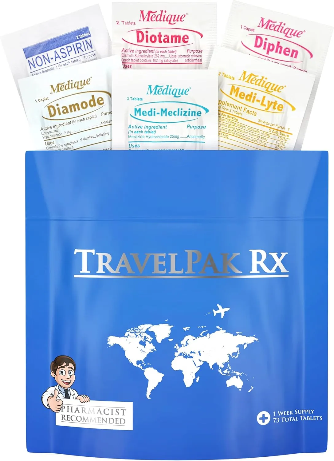 Travel Essentials Medicine Kit 73 Tablets Individually Wrapped, Variety Pack of 6 Different OTC Travel Rx Kit Medications for Travel, Cruises, Camping, Created by Pharmacist
