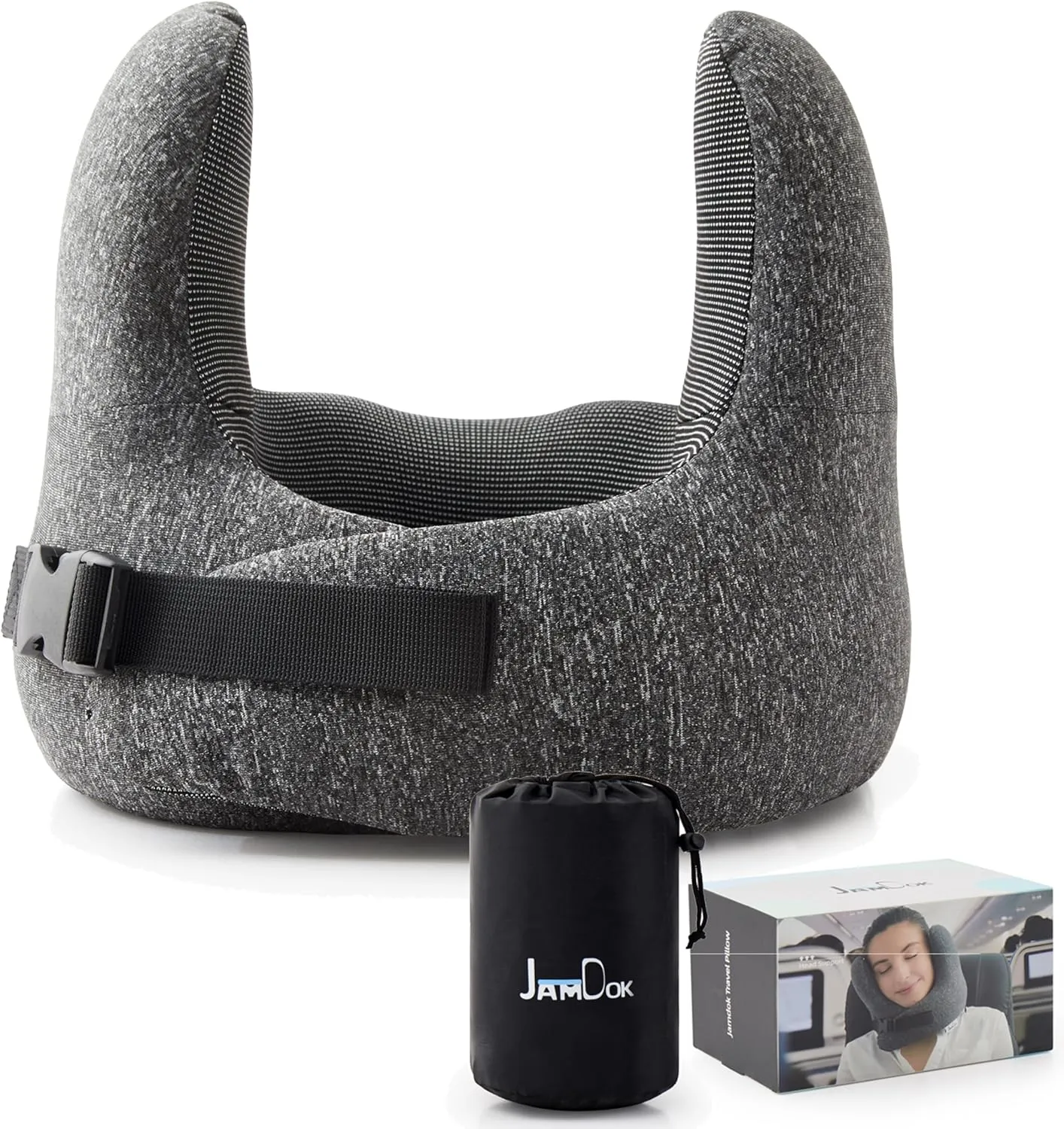 Travel Neck Pillow, Memory Foam Head Support, Adjustable Clasp, Gray with Storage Bag