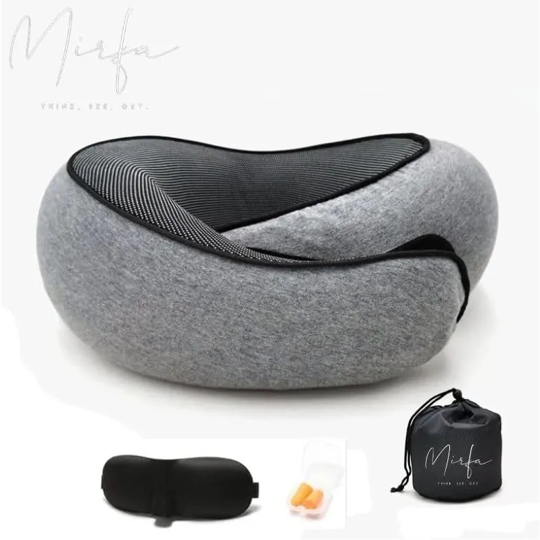 Travel Pillow with Drawstring Bag, Earplugs & Sleeping Mask, Neck Pillow, Memory Foam for Airplanes, 360 Degree Comfort and Breathability, Stowable U-Shaped Round Pillow (Dark Gray)