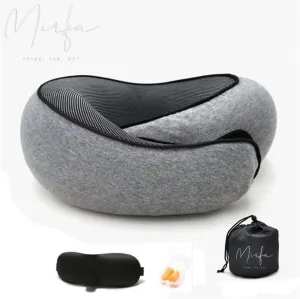 Travel Pillow with Drawstring Bag, Earplugs & Sleeping Mask, Neck Pillow, Memory Foam for Airplanes, 360 Degree Comfort and Breathability, Stowable U-Shaped Round Pillow (Dark Gray)
