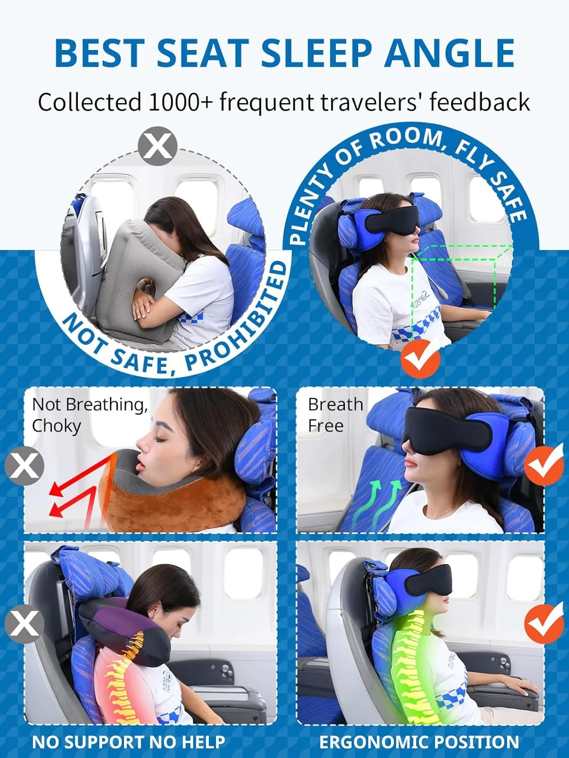 Travel Pillows for Airplanes, Airplane Pillow for Long Flight, Airplane Head Strap with Sleep Eye Mask, 360° Headrest for Car Trip, Stop Bobblehead, FSA HSA Eligible Approved, Mottled Grey