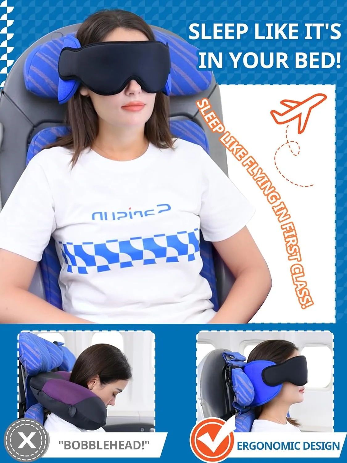 Travel Pillows for Airplanes, Airplane Pillow for Long Flight, Airplane Head Strap with Sleep Eye Mask, 360° Headrest for Car Trip, Stop Bobblehead, FSA HSA Eligible Approved, Mottled Grey