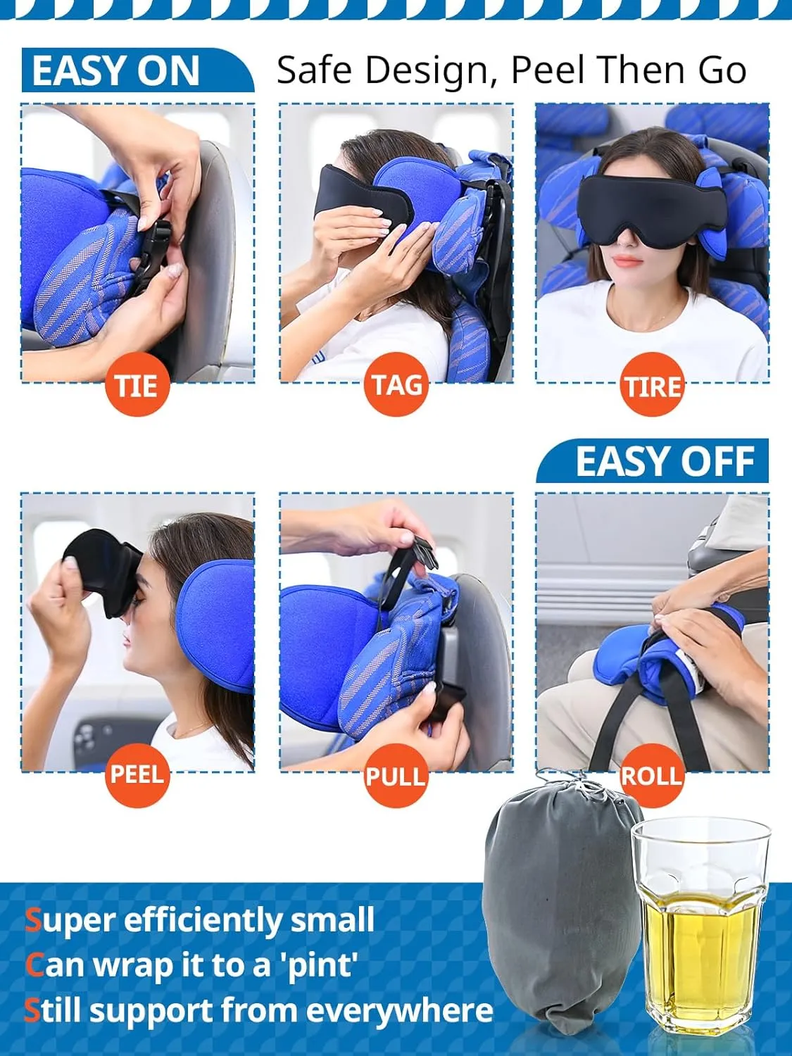 Travel Pillows for Airplanes, Airplane Pillow for Long Flight, Airplane Head Strap with Sleep Eye Mask, 360° Headrest for Car Trip, Stop Bobblehead, FSA HSA Eligible Approved, Mottled Grey