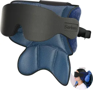 Travel Pillows for Airplanes, Neck Airplane Pillow with Eye Mask for Sleeping, 360° Support Headrest, Portable Travel Essentials, Adjustable Airplane Head Strap for Most Seat, Mottled Blue