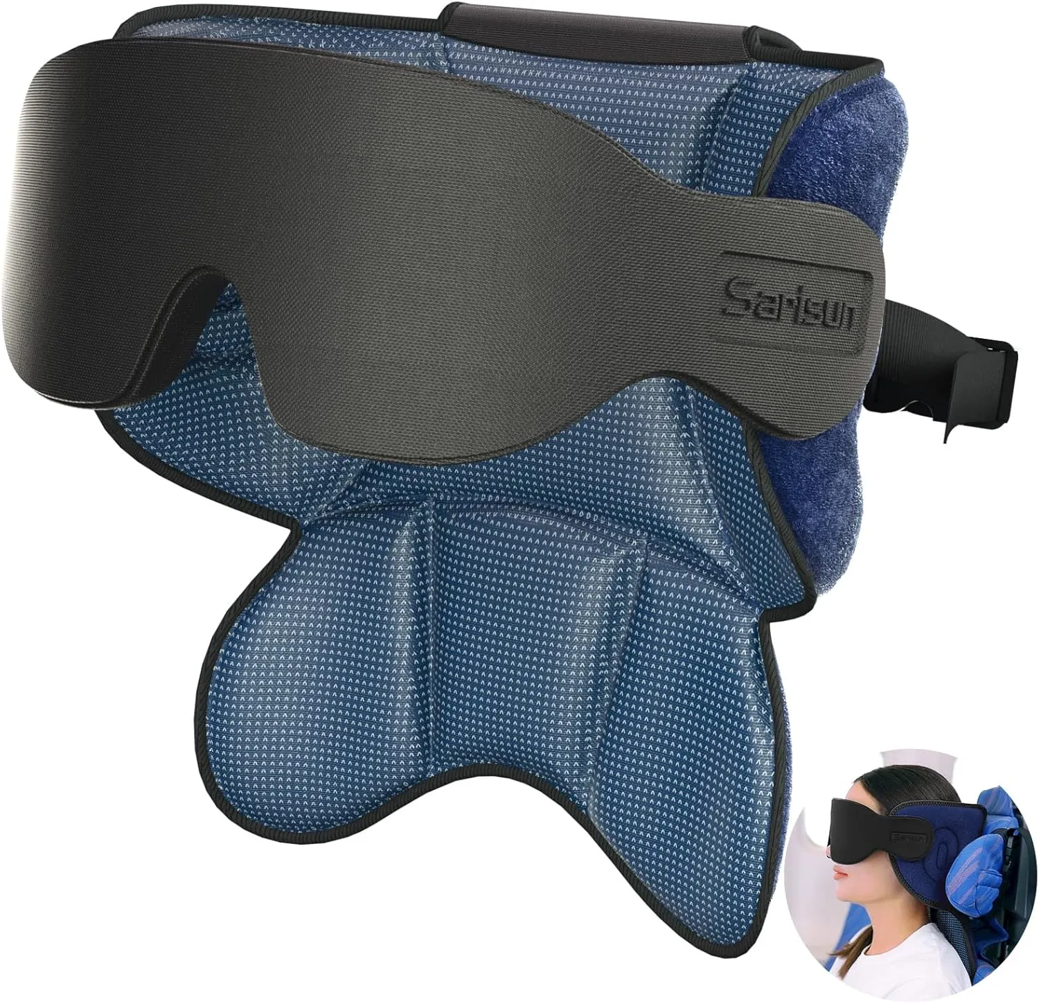 Travel Pillows for Airplanes, Neck Airplane Pillow with Eye Mask for Sleeping, 360° Support Headrest, Portable Travel Essentials, Adjustable Airplane Head Strap for Most Seat, Mottled Blue