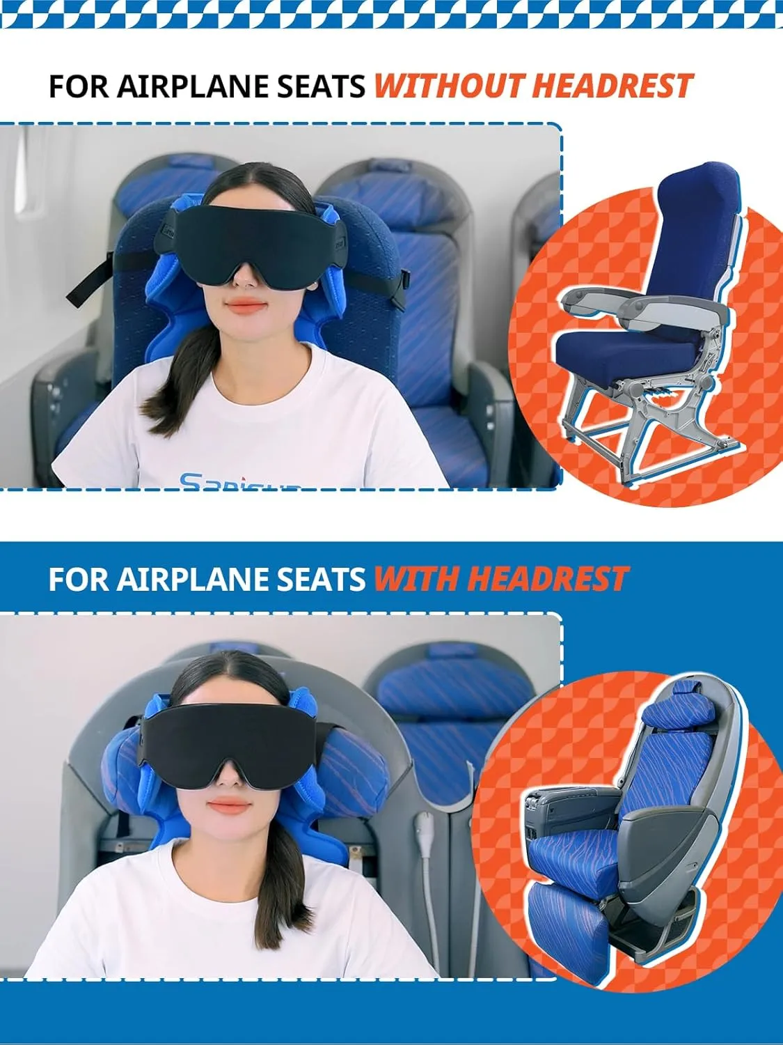 Travel Pillows for Airplanes, Neck Airplane Pillow with Eye Mask for Sleeping, 360° Support Headrest, Portable Travel Essentials, Adjustable Airplane Head Strap for Most Seat, Mottled Blue