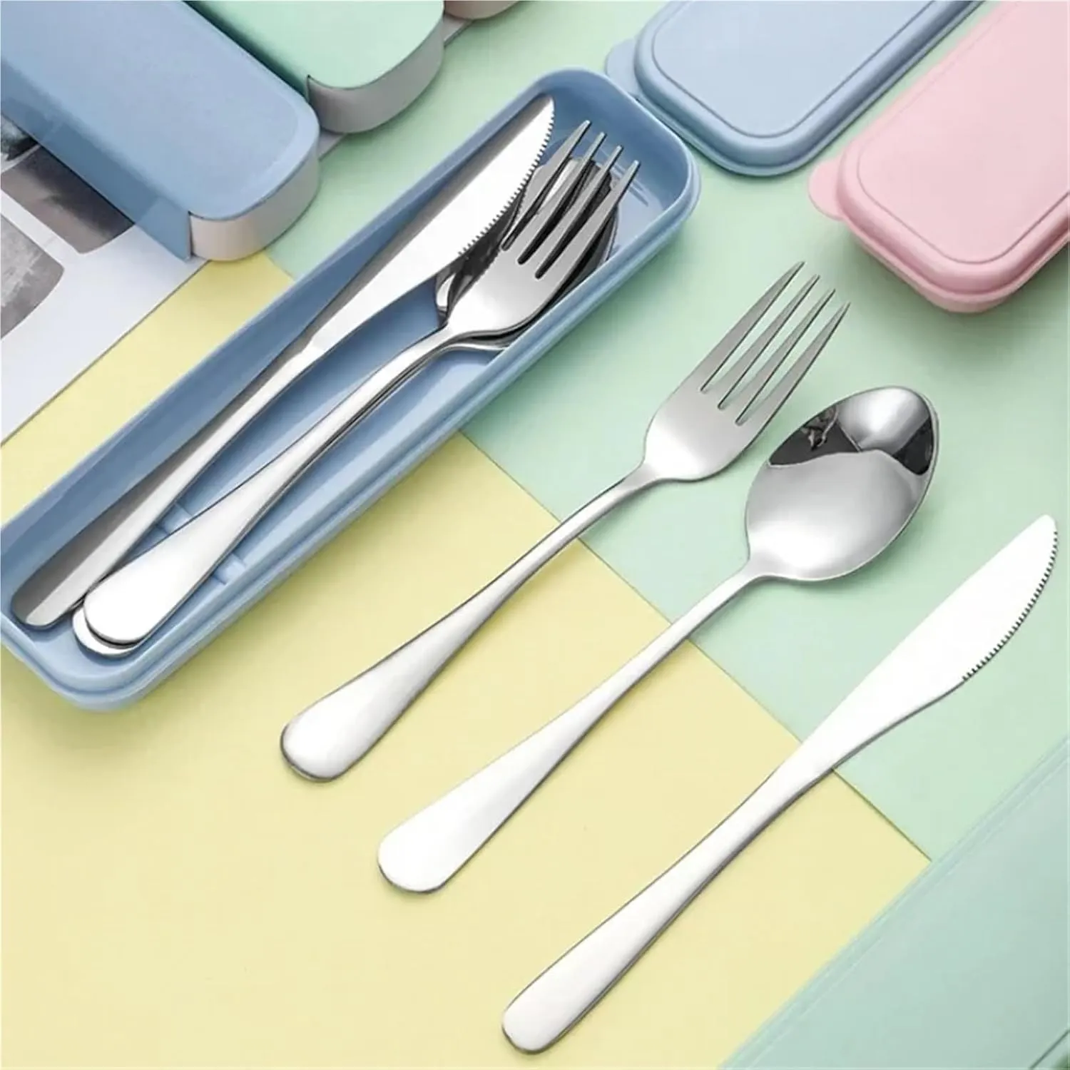 Travel Utensils with Case 410 Stainless Steel Portable Cutlery Set Knife Fork And Spoon for students Travel Tableware with Storage Box Camping Cutlery(Green set B)