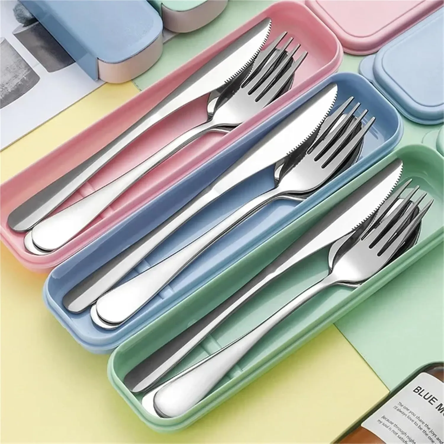 Travel Utensils with Case 410 Stainless Steel Portable Cutlery Set Knife Fork And Spoon for students Travel Tableware with Storage Box Camping Cutlery(Green set B)
