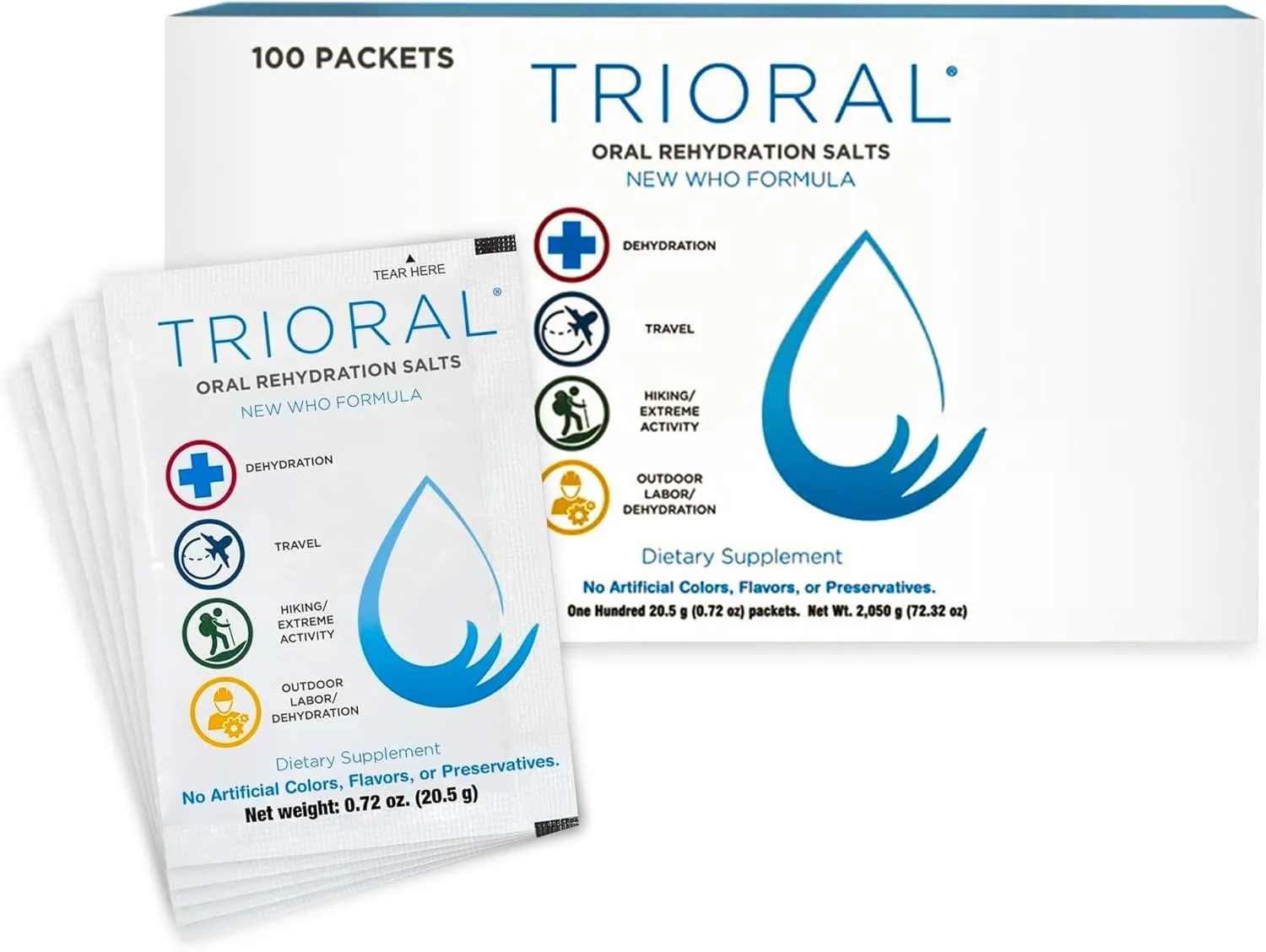 TRIORAL Rehydration Electrolyte Powder - WHO Hydration Supplement Salts Formula - Combat Dehydration from Workouts, Fluid Loss and Much More - 100 Drink Mix Packets