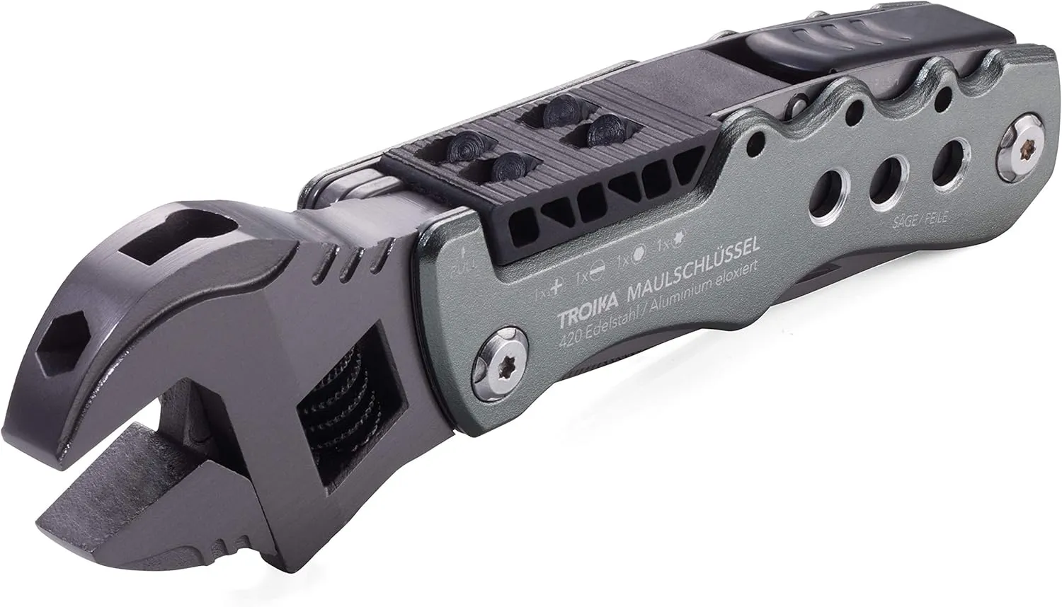 TROIKA Multi-Tool with 12 Functions and Locking Function – MAULSCHLÜSSEL – Adjustable Wrench, Knife, Saw, File – Bottle   can Opener – 4 bits... Slotted, Phillips Screwdriver – 420 Stainless Steel