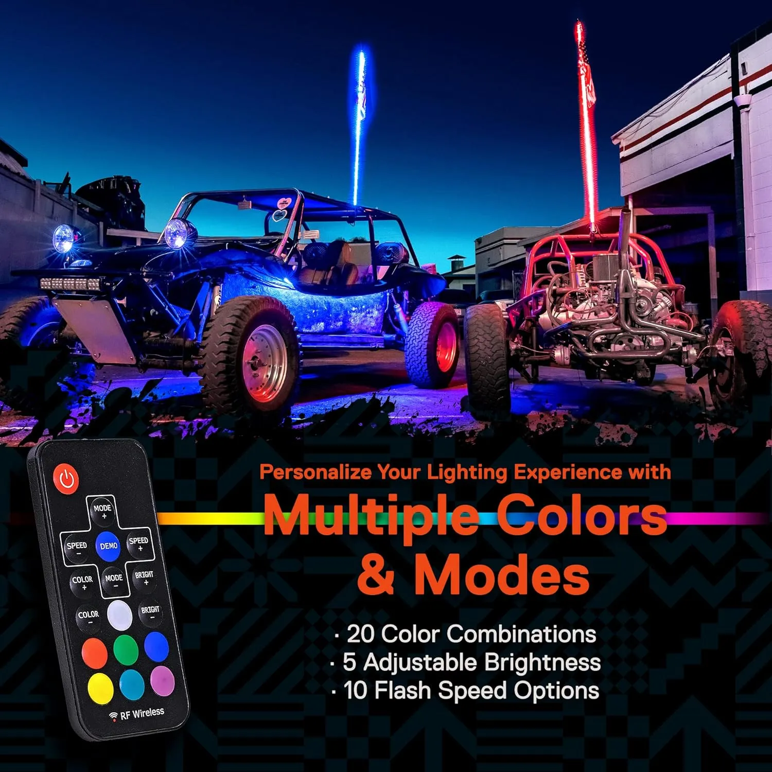 True Mods 4ft RGB LED Whip Light for UTV ATV [RF Wireless Remote] USA Flag Waterproof LED Lighted Whip CB Antenna Pole Stick for RZR Can-Am Polaris SxS 4x4 Quad Dune Buggy 4 Wheeler Accessories