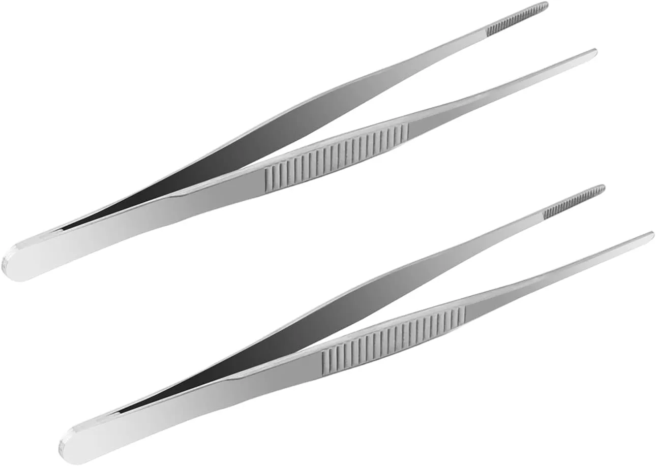 Tweezer Stainless Steel Long Straight Tweezer with Precision Serrated Tips Garden Kitchen Tool 6.3" Straight Blunt Tweezer Bar Tweezer 2 Pcs