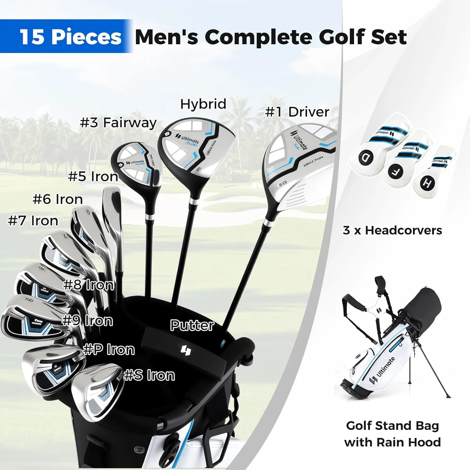 ULTIMATE Men's Complete Golf Clubs Set w/Golf Stand Bag, 460CC #1 Driver, #3 Fairway, Hybrid, #5#6#7#8#9#P #S Irons, Putter, Headcovers & Rain Hood, Golf Clubs for Men - Right Handed