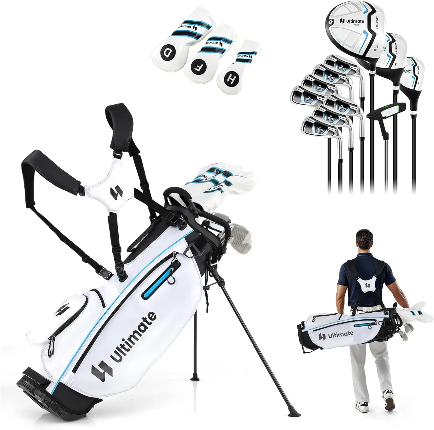 ULTIMATE Men's Complete Golf Clubs Set w/Golf Stand Bag, 460CC #1 Driver, #3 Fairway, Hybrid, #5#6#7#8#9#P #S Irons, Putter, Headcovers & Rain Hood, Golf Clubs for Men - Right Handed