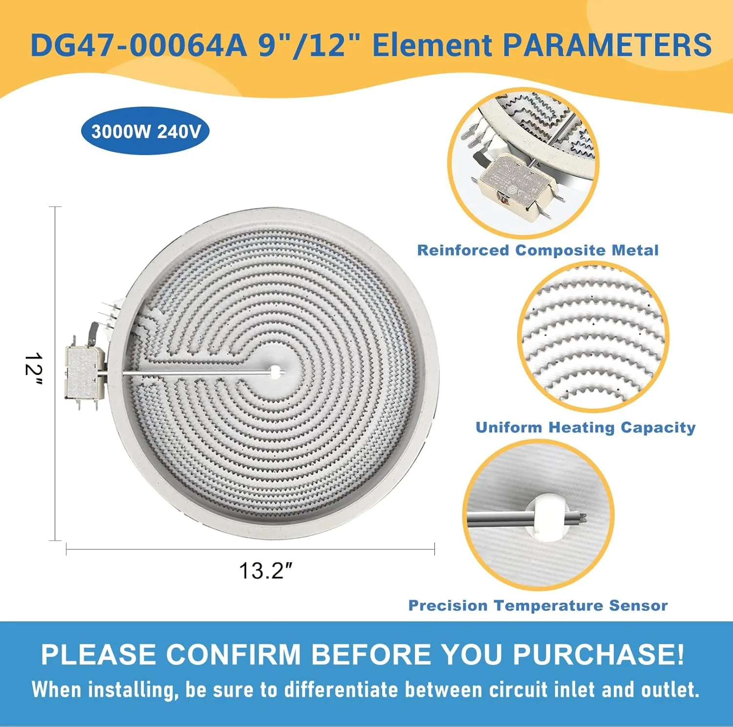 Upgraded DG47-00064A DG47-00056A Suitable for Samsung Electric Stove Range 12 Inch Electric Range Dual Radiant Surface Element Replacement Part Numbers AP5986691 EAP11729066 PS11729066