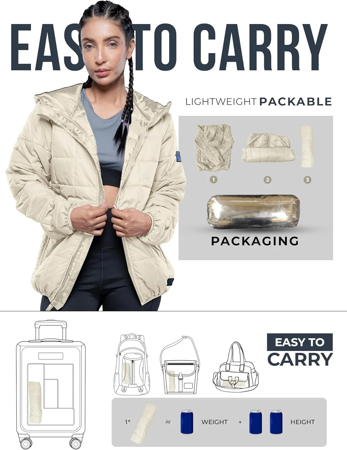 URBAN BUCK Packable Puffer Jacket Women with Hood – 32 Degree Lightweight Quilted Winter Puff Foldable Jacket for Women