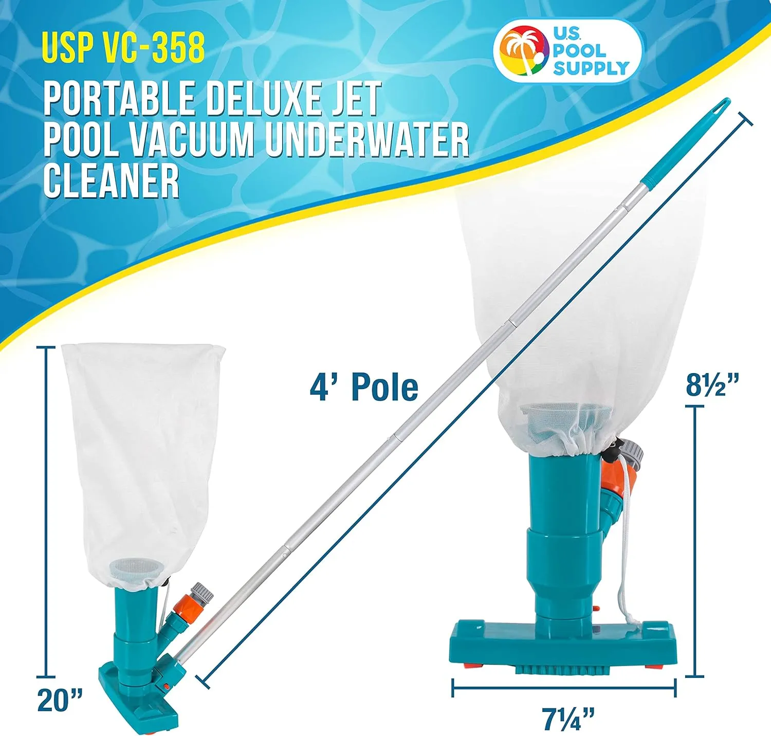 U.S. Pool Supply Above Ground Pool Vacuum Cleaner, Manual Pool Jet Vacuum Cleaner, Spa Cleaner for Hot Tub, Ponds - 5 Section Pole, Leaf Bag, Telescopic Pole Attachment - Attach to Garden Hose