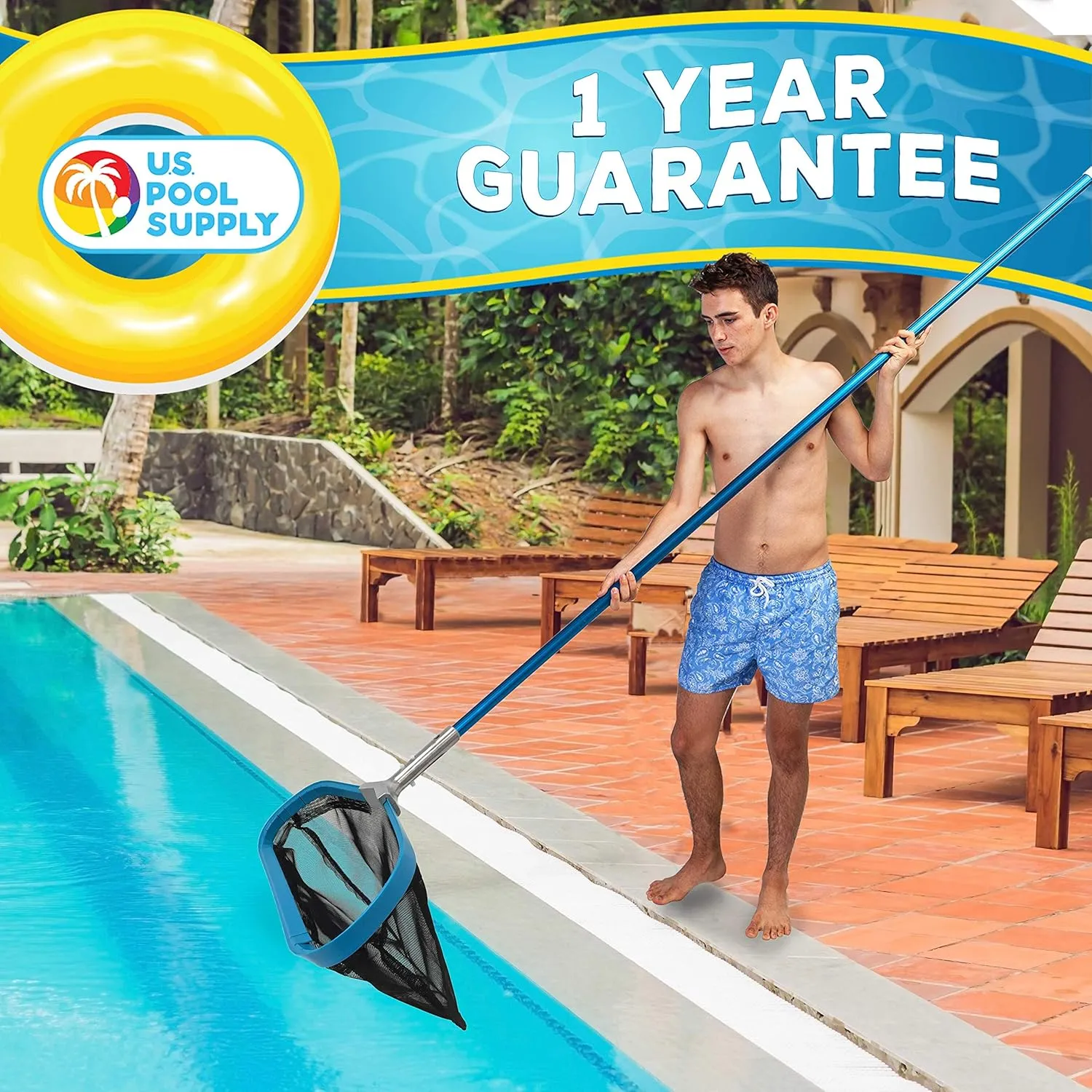 U.S. Pool Supply Pool Skimmer Net - Heavy Duty 19" Pool Net Skimmer Rake, Reinforced Frame & Handle - Fine Mesh Netting Bag - Inground Swimming Pools Nets, Cleaning Leaves Leaf Debris Spa Hot Tub Pond