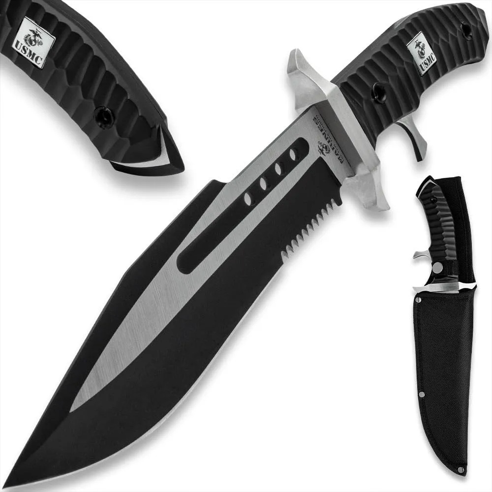USMC Commando Bowie Knife | 8 1/2-Inch Two-Toned 3Cr13 Stainless Steel Blade | Weight-Reducing Through Holes | Partial Serrated Sawback | Sub Hilt Grip | Rugged Polypropylene Handle | 15" Overall