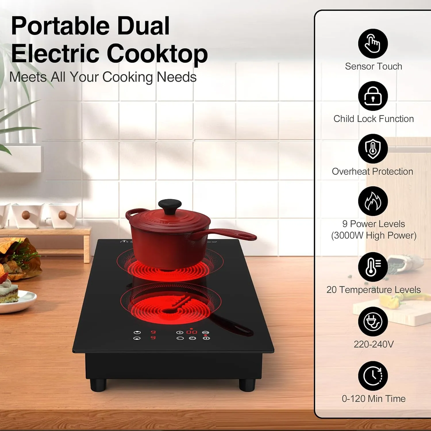 VBGK 2 Burner Electric Cooktop,3000W Built-in & Countertop Portable Electric Stove Top with 9 Heating Level, Timer & Kid Safety Lock, LED Touch Control,220V Cook Top (No Plug)