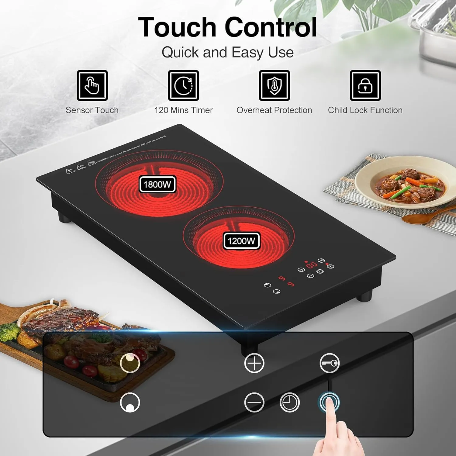 VBGK 2 Burner Electric Cooktop,3000W Built-in & Countertop Portable Electric Stove Top with 9 Heating Level, Timer & Kid Safety Lock, LED Touch Control,220V Cook Top (No Plug)