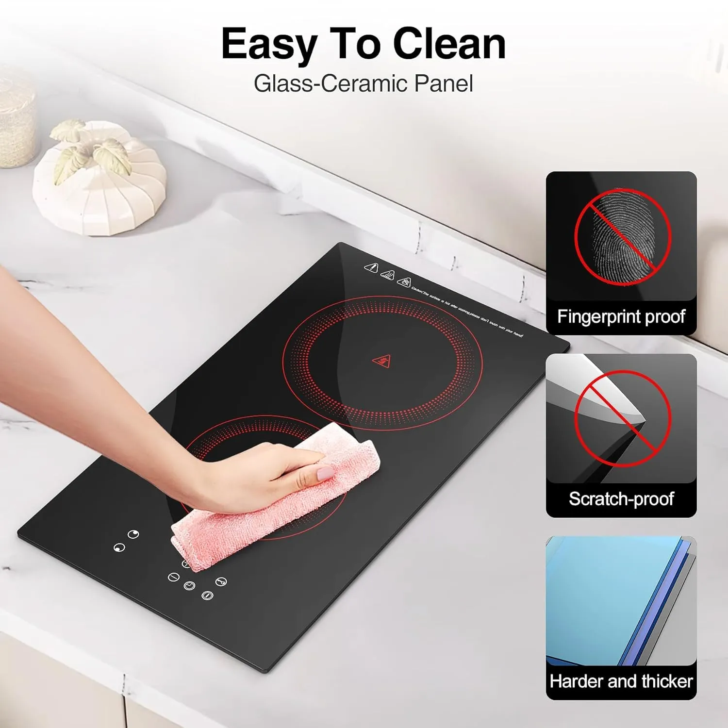 VBGK 2 Burner Electric Cooktop,3000W Built-in & Countertop Portable Electric Stove Top with 9 Heating Level, Timer & Kid Safety Lock, LED Touch Control,220V Cook Top (No Plug)