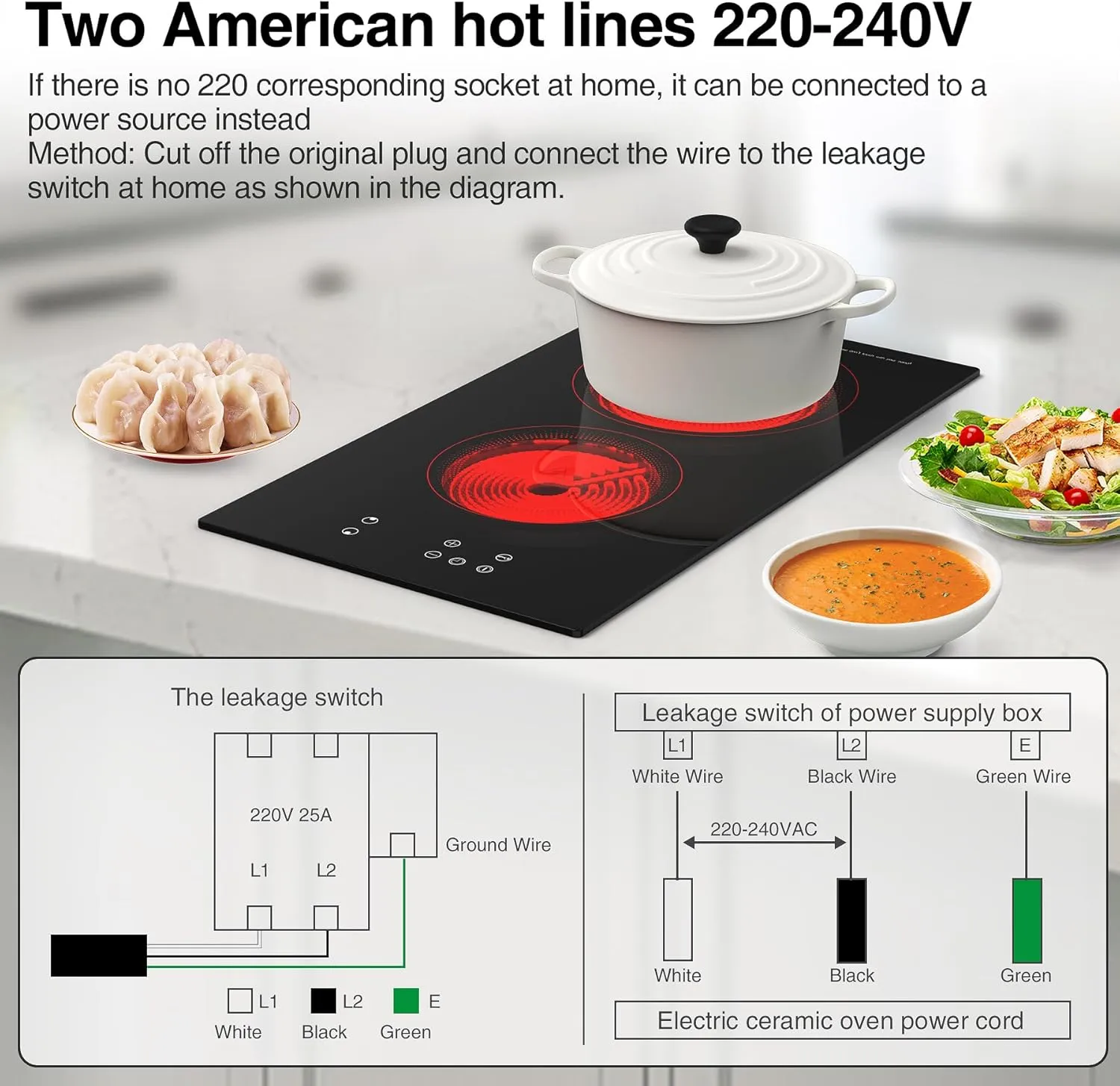 VBGK 2 Burner Electric Cooktop,3000W Built-in & Countertop Portable Electric Stove Top with 9 Heating Level, Timer & Kid Safety Lock, LED Touch Control,220V Cook Top (No Plug)