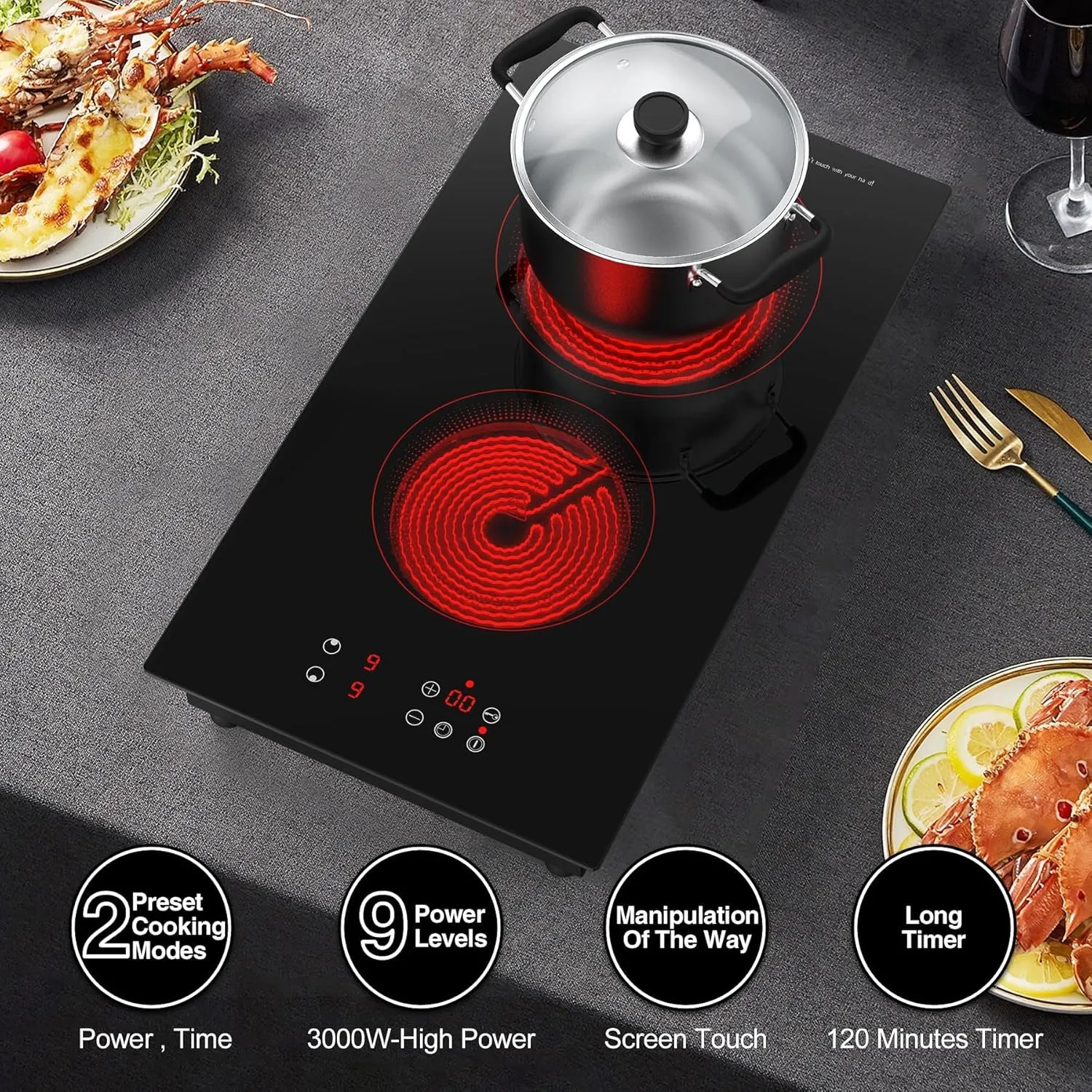 VBGK 2 Burner Electric Cooktop,3000W Built-in & Countertop Portable Electric Stove Top with 9 Heating Level, Timer & Kid Safety Lock, LED Touch Control,220V Cook Top (No Plug)
