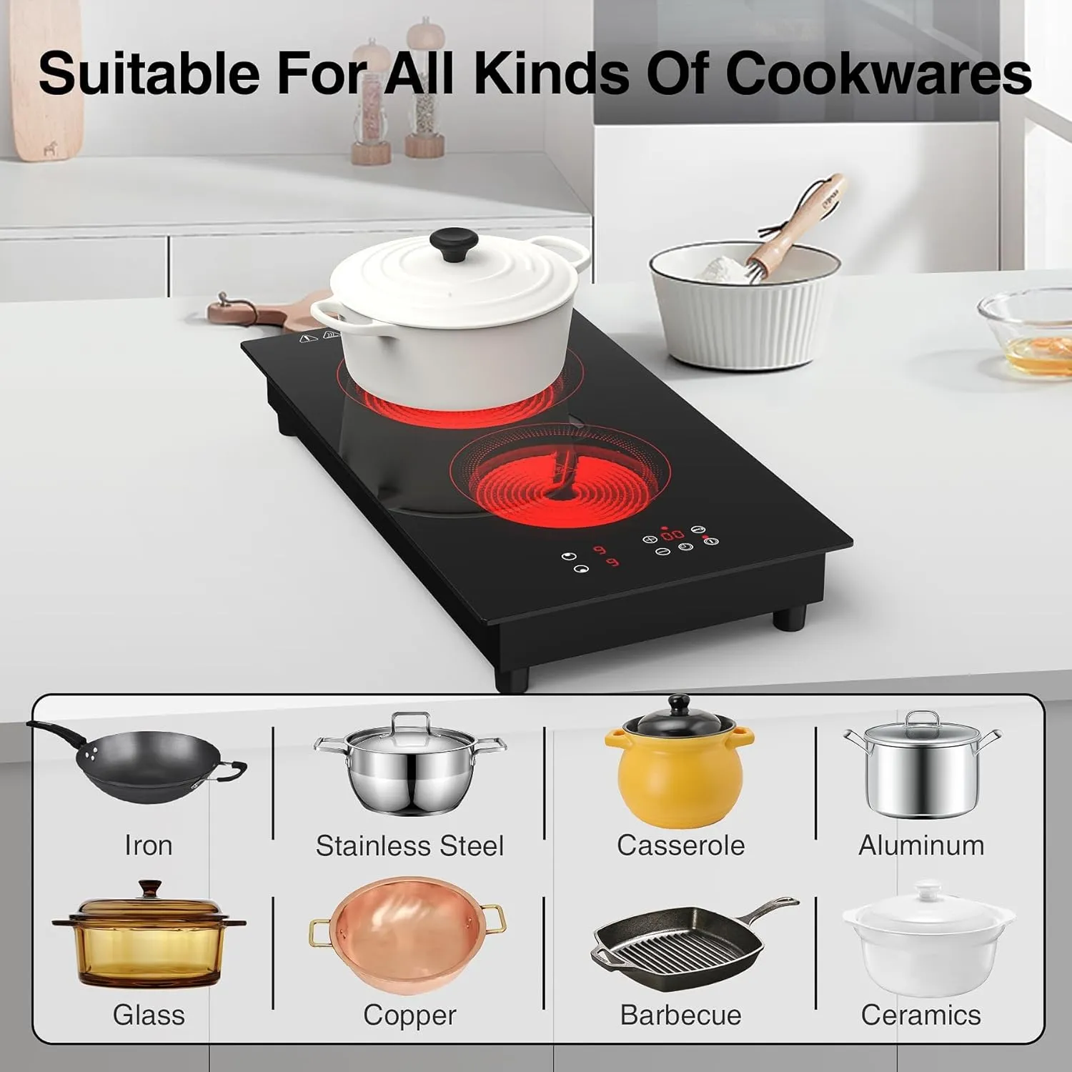 VBGK 2 Burner Electric Cooktop,3000W Built-in & Countertop Portable Electric Stove Top with 9 Heating Level, Timer & Kid Safety Lock, LED Touch Control,220V Cook Top (No Plug)