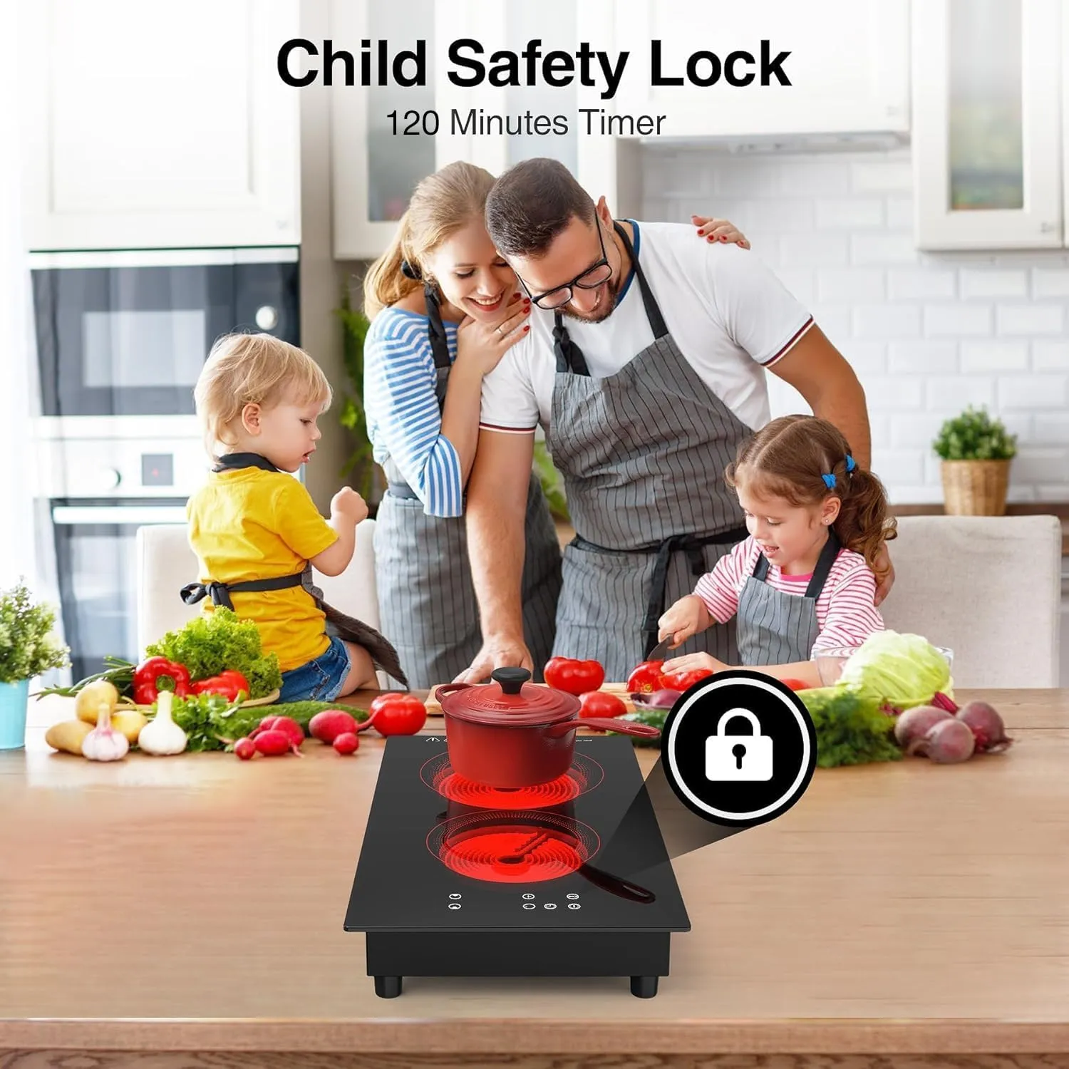 VBGK 2 Burner Electric Cooktop,3000W Built-in & Countertop Portable Electric Stove Top with 9 Heating Level, Timer & Kid Safety Lock, LED Touch Control,220V Cook Top (No Plug)