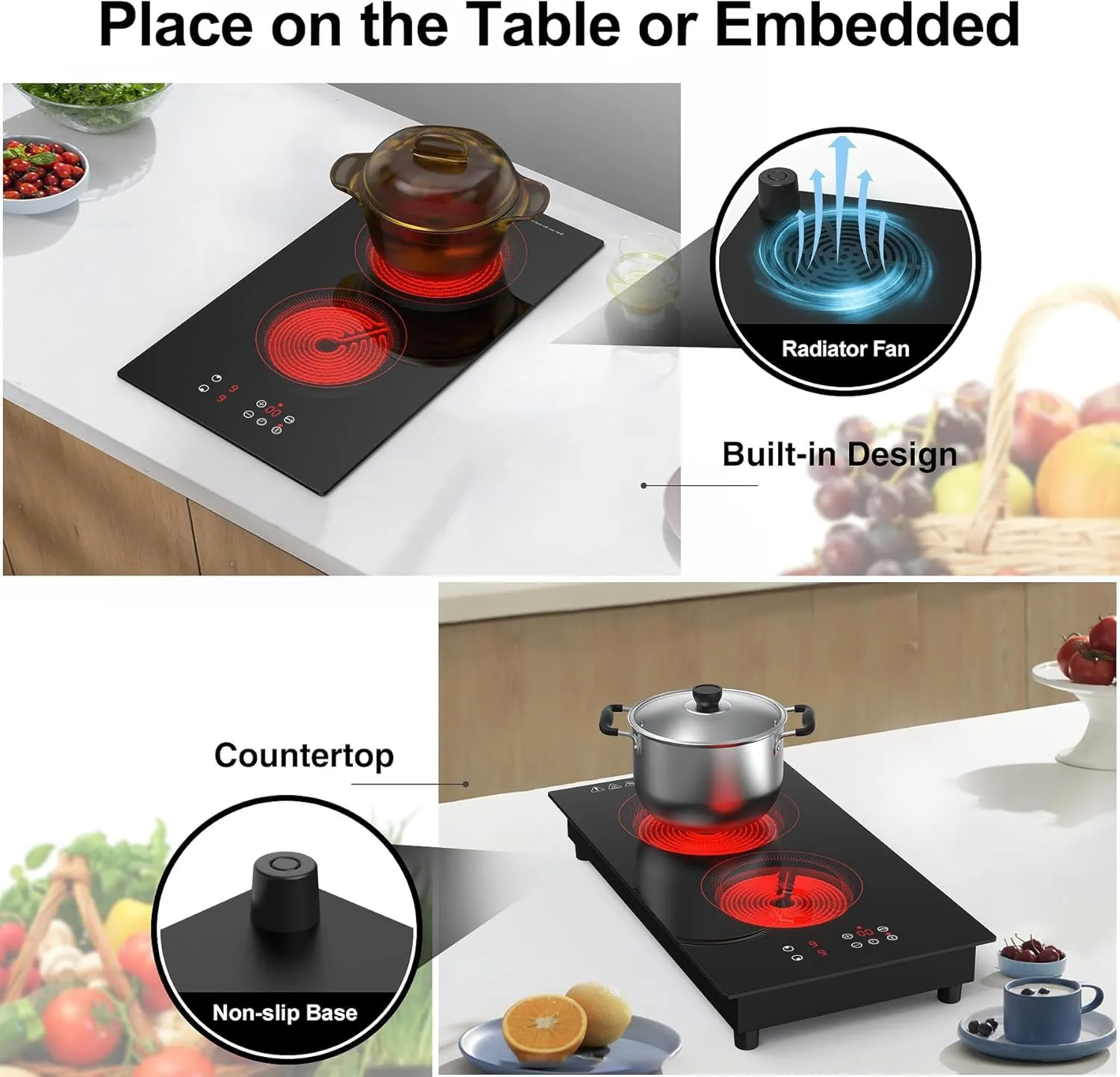 VBGK 2 Burner Electric Cooktop,3000W Built-in & Countertop Portable Electric Stove Top with 9 Heating Level, Timer & Kid Safety Lock, LED Touch Control,220V Cook Top (No Plug)