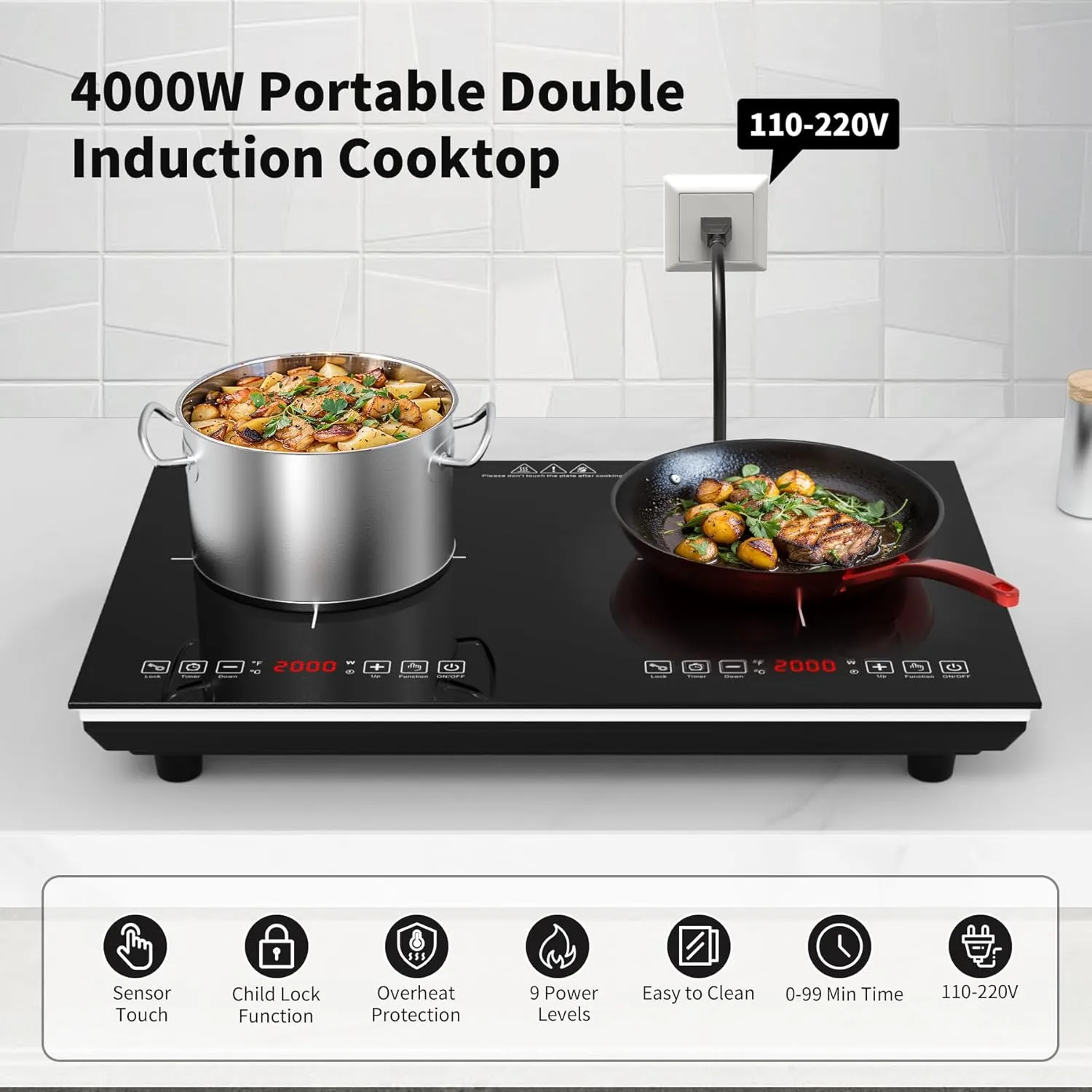 VBGK Double Induction Cooktop,110V 4000W Electric burner,2 burner Hot Plate LED Sensor Touch Energy-Saving induction stove top with Child Safety Lock & Timer 2 burner induction cooktop