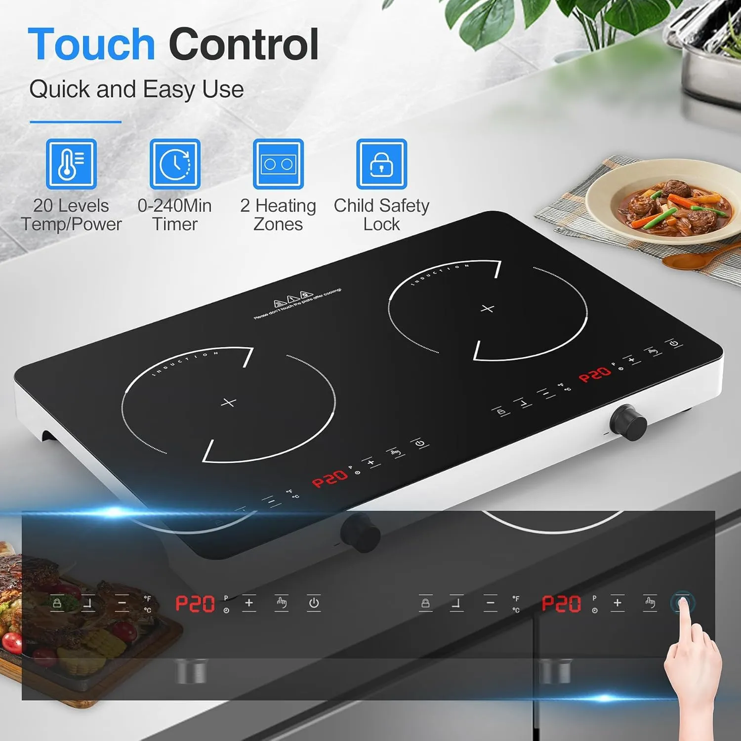 VBGK Double Induction Cooktop,110V 4000W Induction Stove Top Portable Induction Cooktop 2 Burner with Knob Control,20 Power Levels,Child Safety Lock and 4 Hour Timer