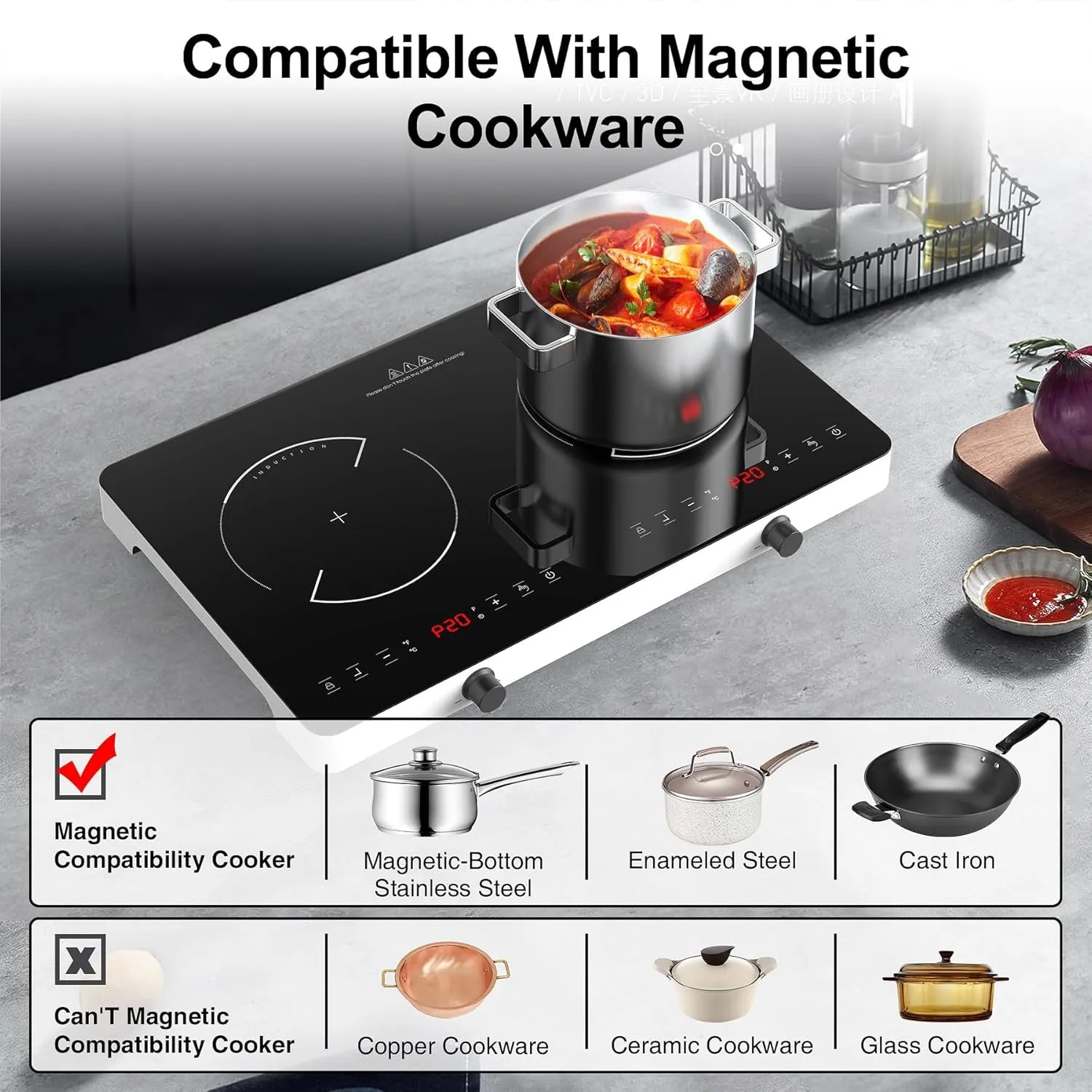VBGK Double Induction Cooktop,110V 4000W Induction Stove Top Portable Induction Cooktop 2 Burner with Knob Control,20 Power Levels,Child Safety Lock and 4 Hour Timer