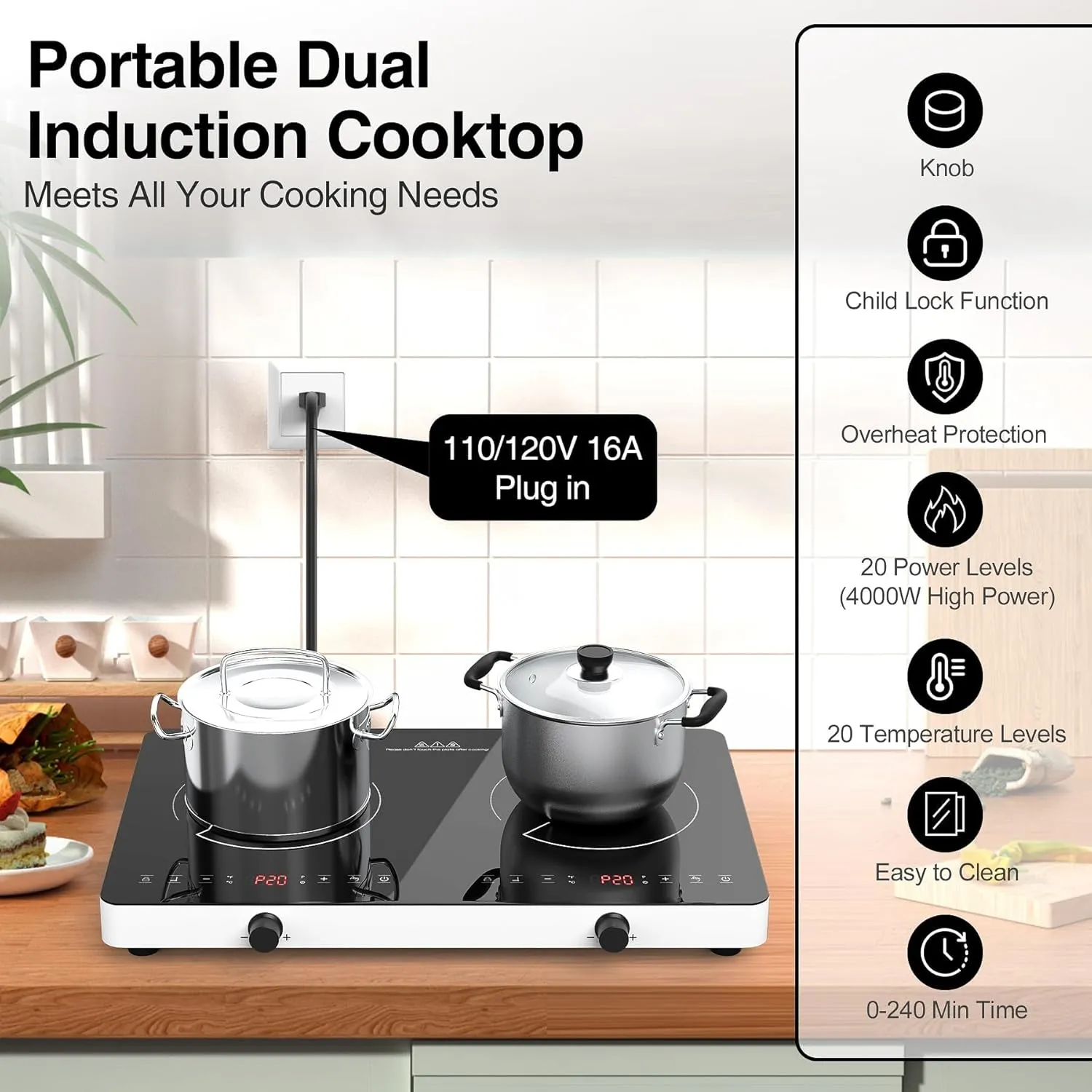 VBGK Double Induction Cooktop,110V 4000W Induction Stove Top Portable Induction Cooktop 2 Burner with Knob Control,20 Power Levels,Child Safety Lock and 4 Hour Timer