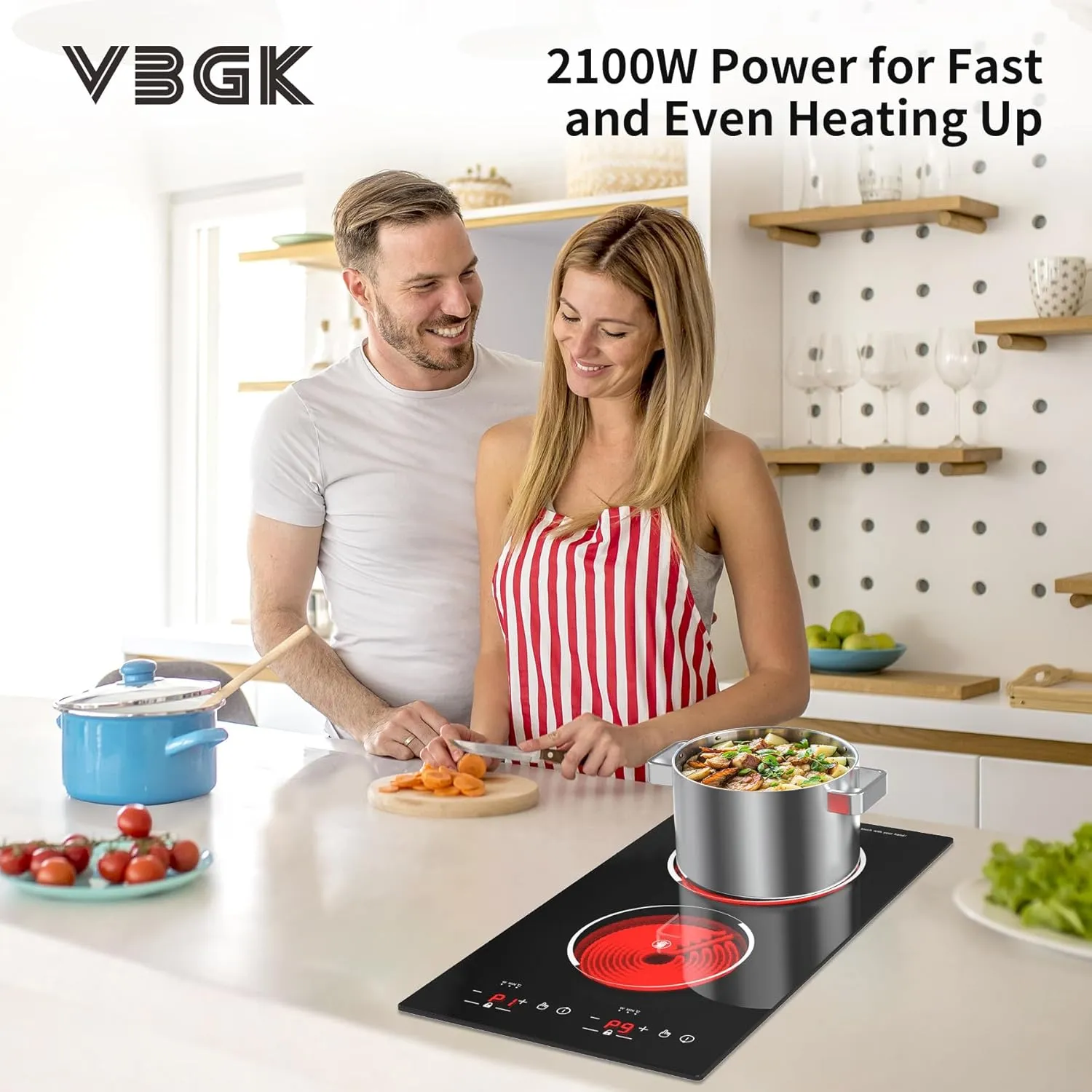 VBGK Electric Cooktop, 12 Inch Built-in Radiant Electric Stove Top,110V 2100W burner with 2 Burners, 9 Heating Level, Timer & Kid Safety Lock, Sensor Touch Control 2 burner Induction Cooktop