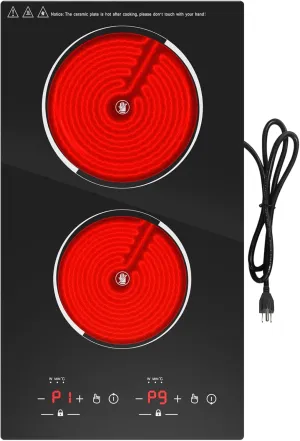 VBGK Electric Cooktop, 12 Inch Built-in Radiant Electric Stove Top,110V 2100W burner with 2 Burners, 9 Heating Level, Timer & Kid Safety Lock, Sensor Touch Control 2 burner Induction Cooktop