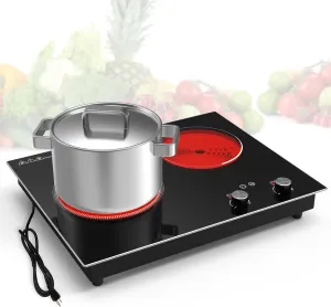 VBGK Electric Cooktop,2100W Built-in & Countertop 2 Burner Electric Cooktop,Electric Stove Top with10 Heating Level, Timer & Kid Safety Lock, LED Knob Touch Control Electric Burner (with Plug)