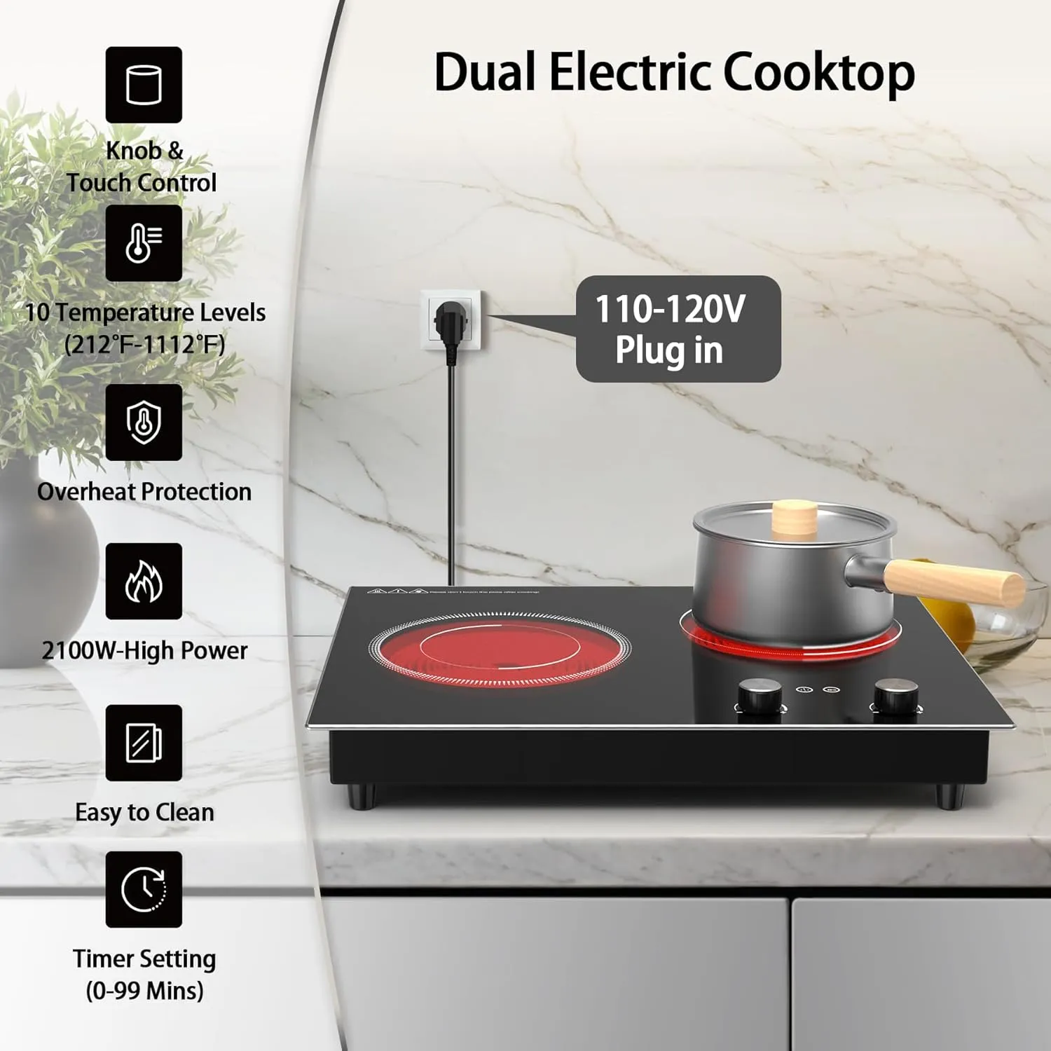 VBGK Electric Cooktop,2100W Built-in & Countertop 2 Burner Electric Cooktop,Electric Stove Top with10 Heating Level, Timer & Kid Safety Lock, LED Knob Touch Control Electric Burner (with Plug)