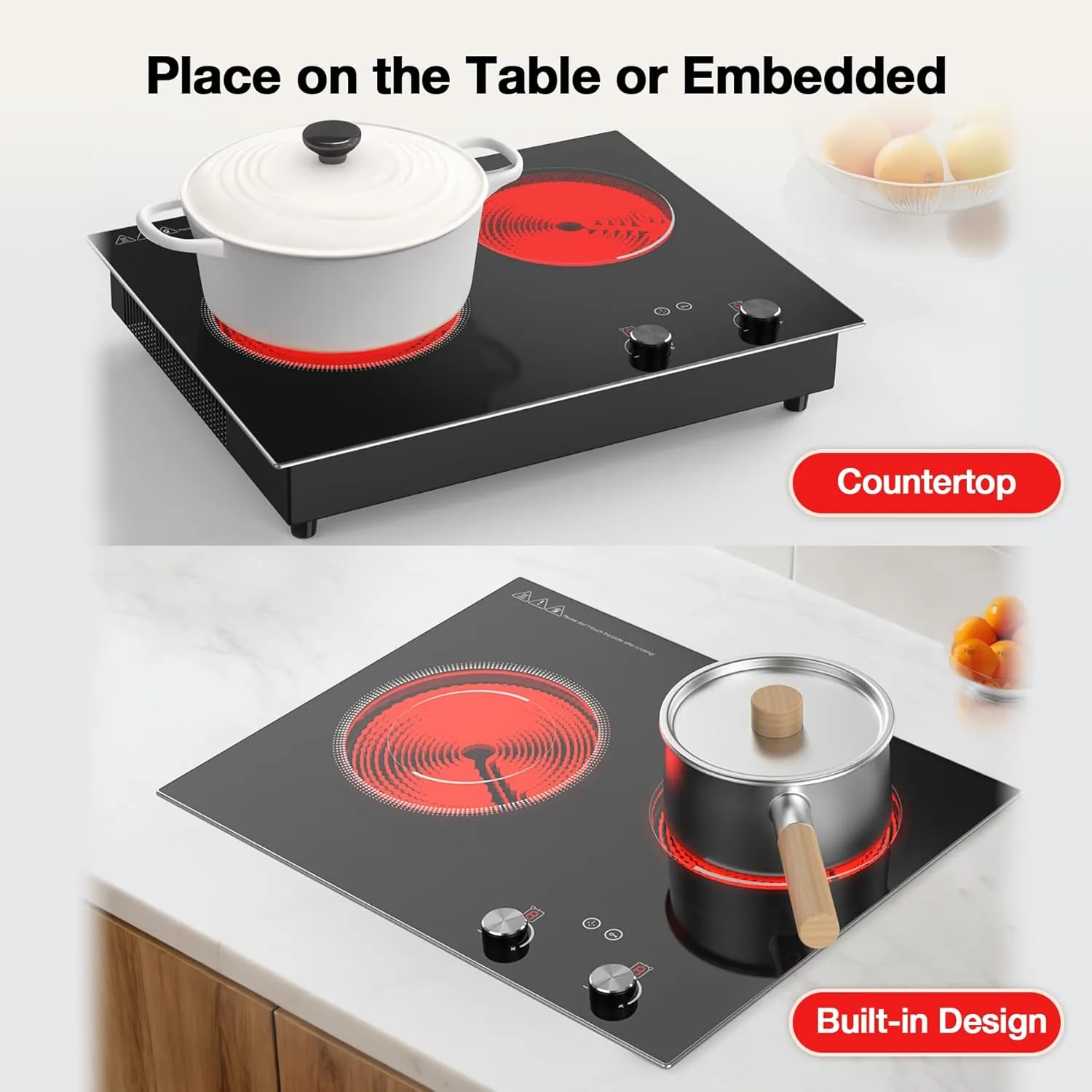 VBGK Electric Cooktop,2100W Built-in & Countertop 2 Burner Electric Cooktop,Electric Stove Top with10 Heating Level, Timer & Kid Safety Lock, LED Knob Touch Control Electric Burner (with Plug)