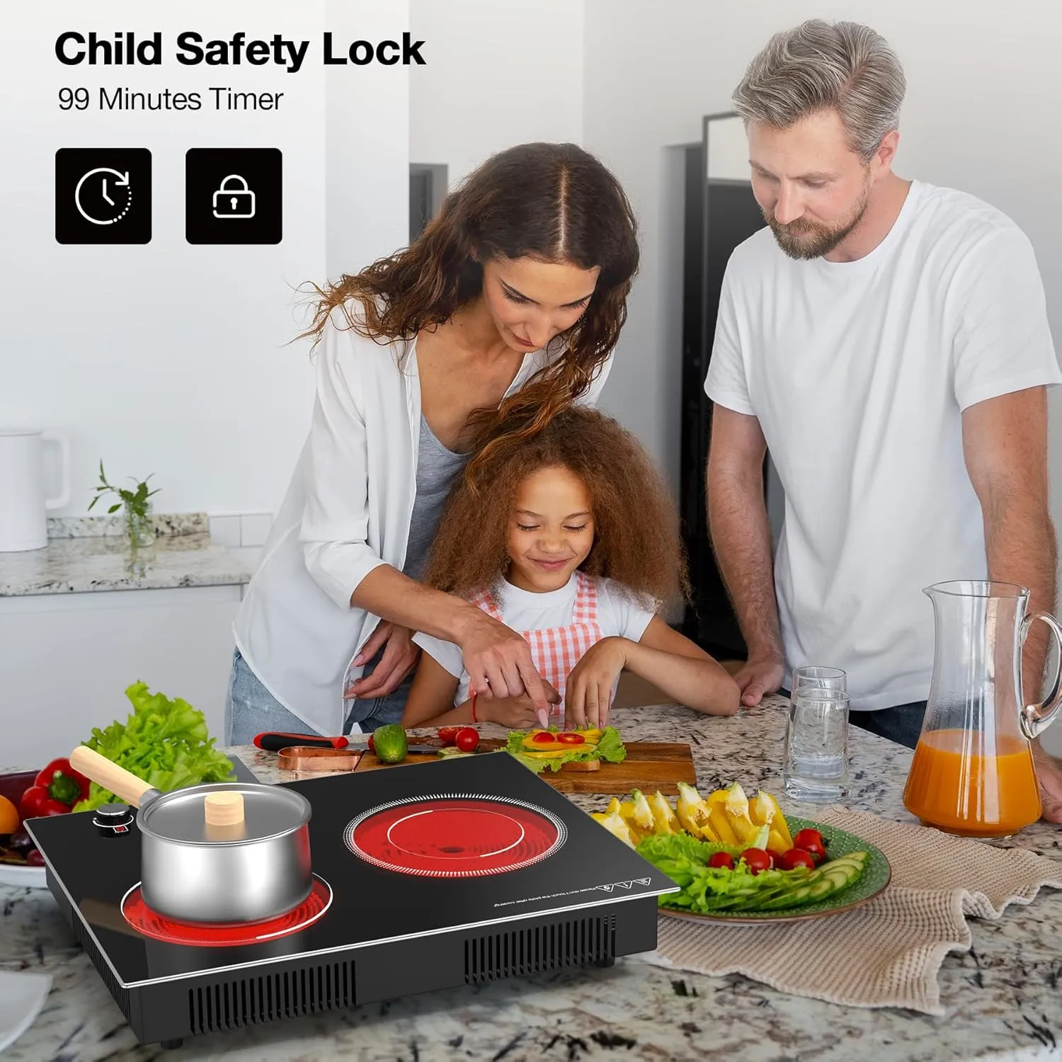 VBGK Electric Cooktop,2100W Built-in & Countertop 2 Burner Electric Cooktop,Electric Stove Top with10 Heating Level, Timer & Kid Safety Lock, LED Knob Touch Control Electric Burner (with Plug)